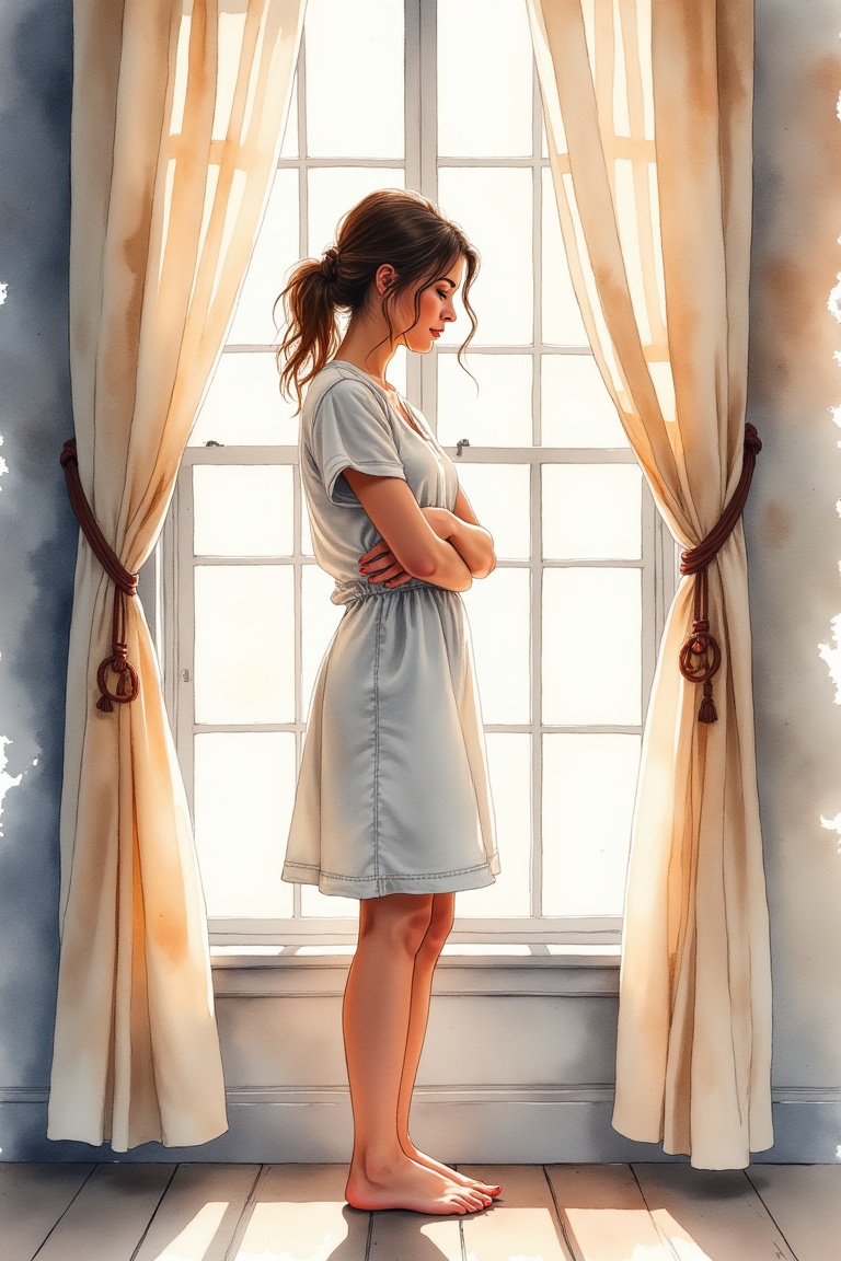 annrin_watercolor,  watercolor illustration of a woman standing near a window,  facing sideways with arms crossed gently o...