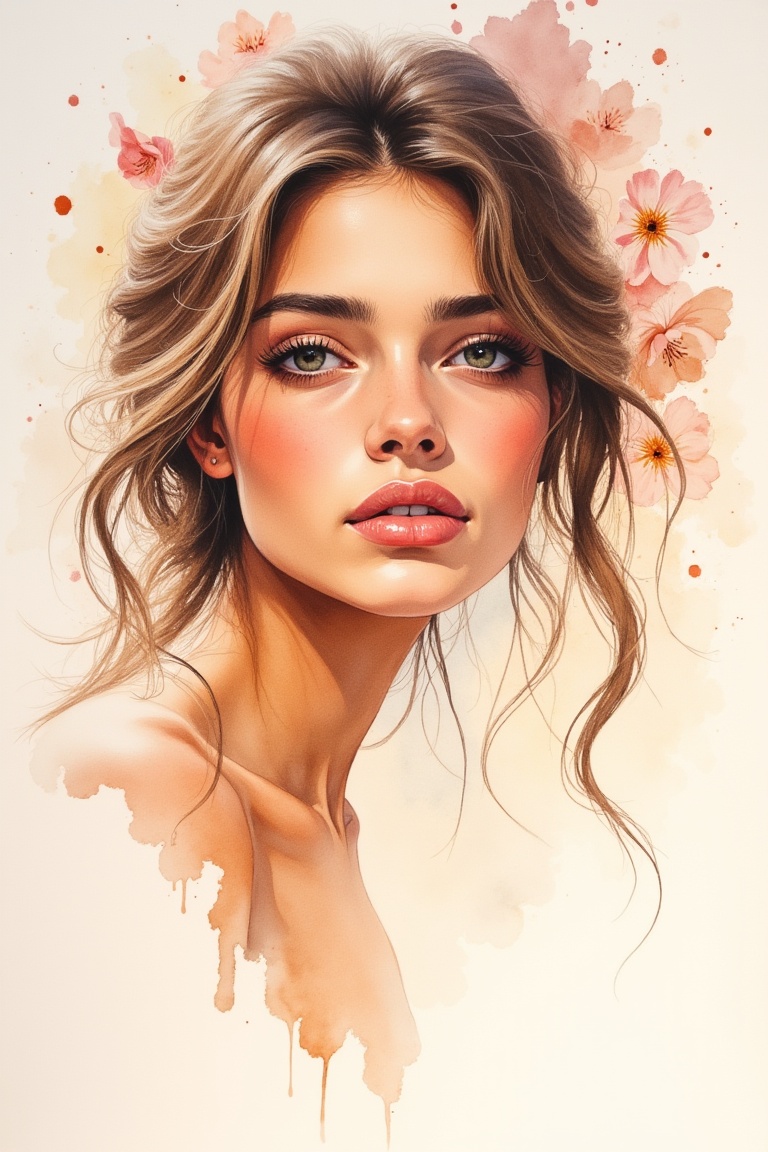 annrin_watercolor,  expressive watercolor portrait,  close-up of a woman with gentle eyes on Tensor.Art