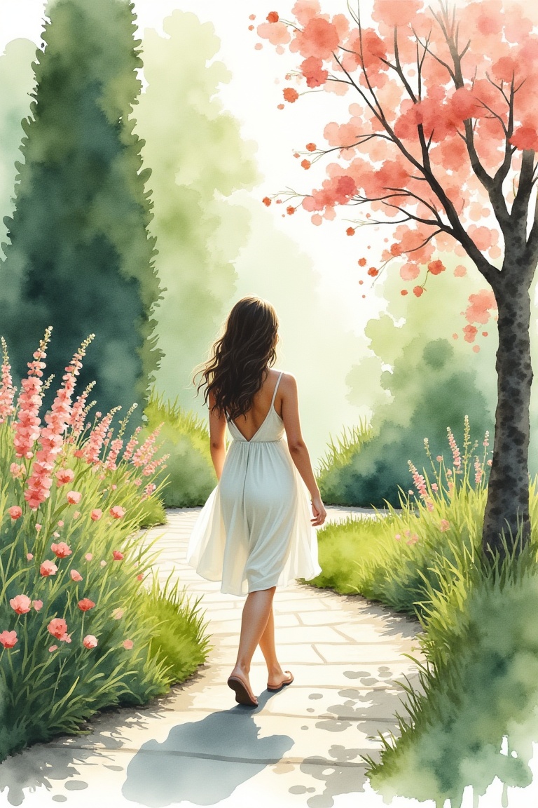 annrin_watercolor,  watercolor scene of a woman walking in a quiet garden,  seen from behind on Tensor.Art
