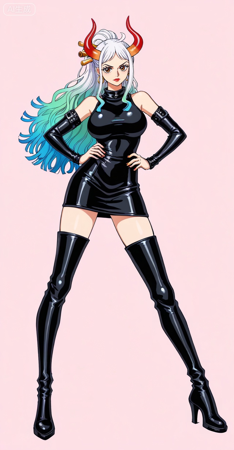 ,Yamato,Yamato (one piece),Yamato (one piece),
1girl,solo,horns,retro artstyle,multicolored hair,earrings,jewelry,looking at viewer,hair ornament,long hair,green hair,hair stick,curled horns,white hair,multicolored horns,red horns,ahoge,orange eyes,closed mouth,ponytail,gradient hair,high ponytail,aqua hair,
1girl,solo,dress,large breasts,earrings,jewelry,boots,long hair,hand on own hip,thigh boots,full body,black footwear,latex,black dress,detached sleeves,short dress,thighhighs,shiny clothes,looking at viewer,hoop earrings,breasts,red lips,nail polish,high heels,leather,pencil dress,high heel boots,collared_dress,

depth of field,masterpiece,best quality,very aesthetic,alternate costume,alternate costume,2024,2023,perfect composition,ultra-detailed,extreme aesthetic,(quasarcake:0.7),masterpiece,best quality,good quality,newest,year 2024,year 2023,very aesthetic,absurdres,looking_at_viewer,colorful,white_background,simple background,