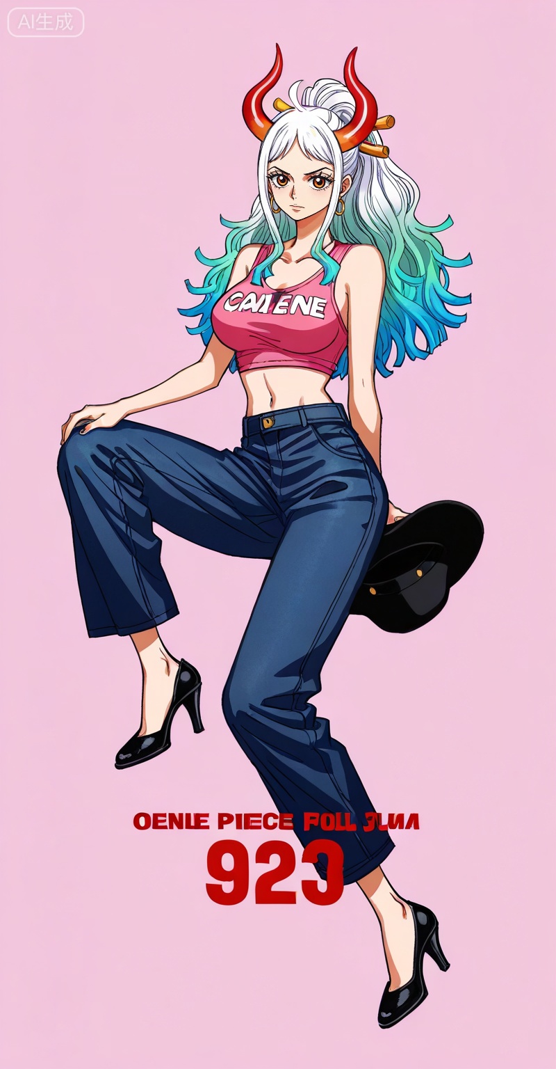 ,Yamato,Yamato (one piece),Yamato (one piece),
1girl,solo,horns,retro artstyle,multicolored hair,earrings,jewelry,looking at viewer,hair ornament,long hair,green hair,hair stick,curled horns,white hair,multicolored horns,red horns,ahoge,orange eyes,closed mouth,ponytail,gradient hair,high ponytail,aqua hair,
1girl,solo,hat,cowboy hat,midriff,breasts,pants,long hair,navel,large breasts,full body,crop top,high heels,

depth of field,masterpiece,best quality,very aesthetic,alternate costume,alternate costume,2024,2023,perfect composition,ultra-detailed,extreme aesthetic,(quasarcake:0.7),masterpiece,best quality,good quality,newest,year 2024,year 2023,very aesthetic,absurdres,looking_at_viewer,colorful,simple background,english text,