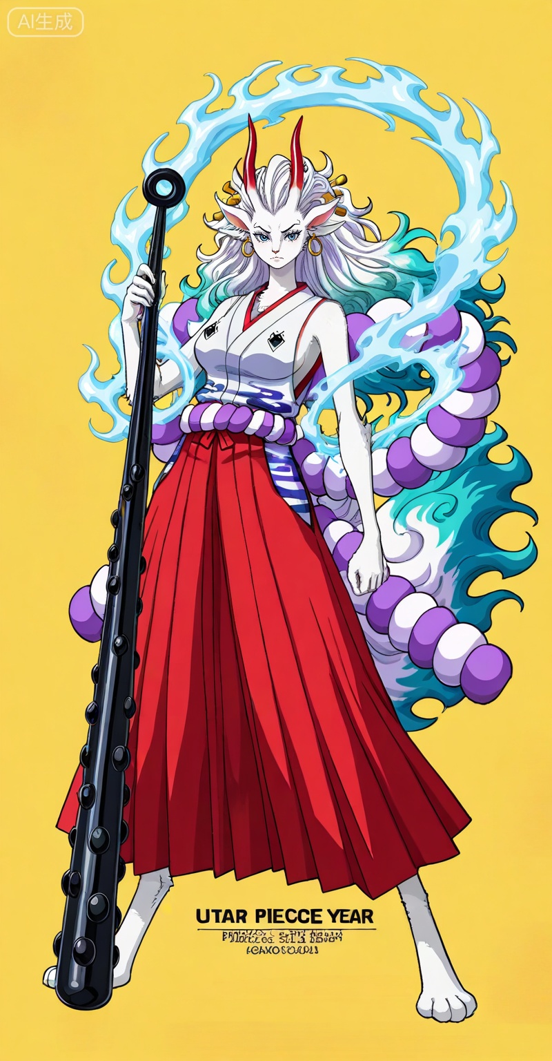 Yamato, Yamato (one piece), Yamato (one piece), 1girl, horns, japanese clothes, solo, alternate form, weapon, long hair, oni, hakama, white hair, kanabou, sleeveless kimono, club \(weapon\), full body, holding, red horns, red hakama, shimenawa, multicolored horns, furry, looking at viewer, colored skin, earrings, holding weapon, kimono, rope, breasts, sleeveless, jewelry, standing, furry female, multicolored hair, curled horns, closed mouth, yellow background, animal ears, white fur, hoop earrings, blue eyes, snout, body fur, white kimono, artist name, barefoot
depth of field,masterpiece,best quality,very aesthetic,alternate costume,alternate costume,2024,2023,perfect composition,ultra-detailed,extreme aesthetic,(quasarcake:0.7),masterpiece,best quality,good quality,newest,year 2024,year 2023,very aesthetic,absurdres,looking_at_viewer,colorful,simple background,english text,