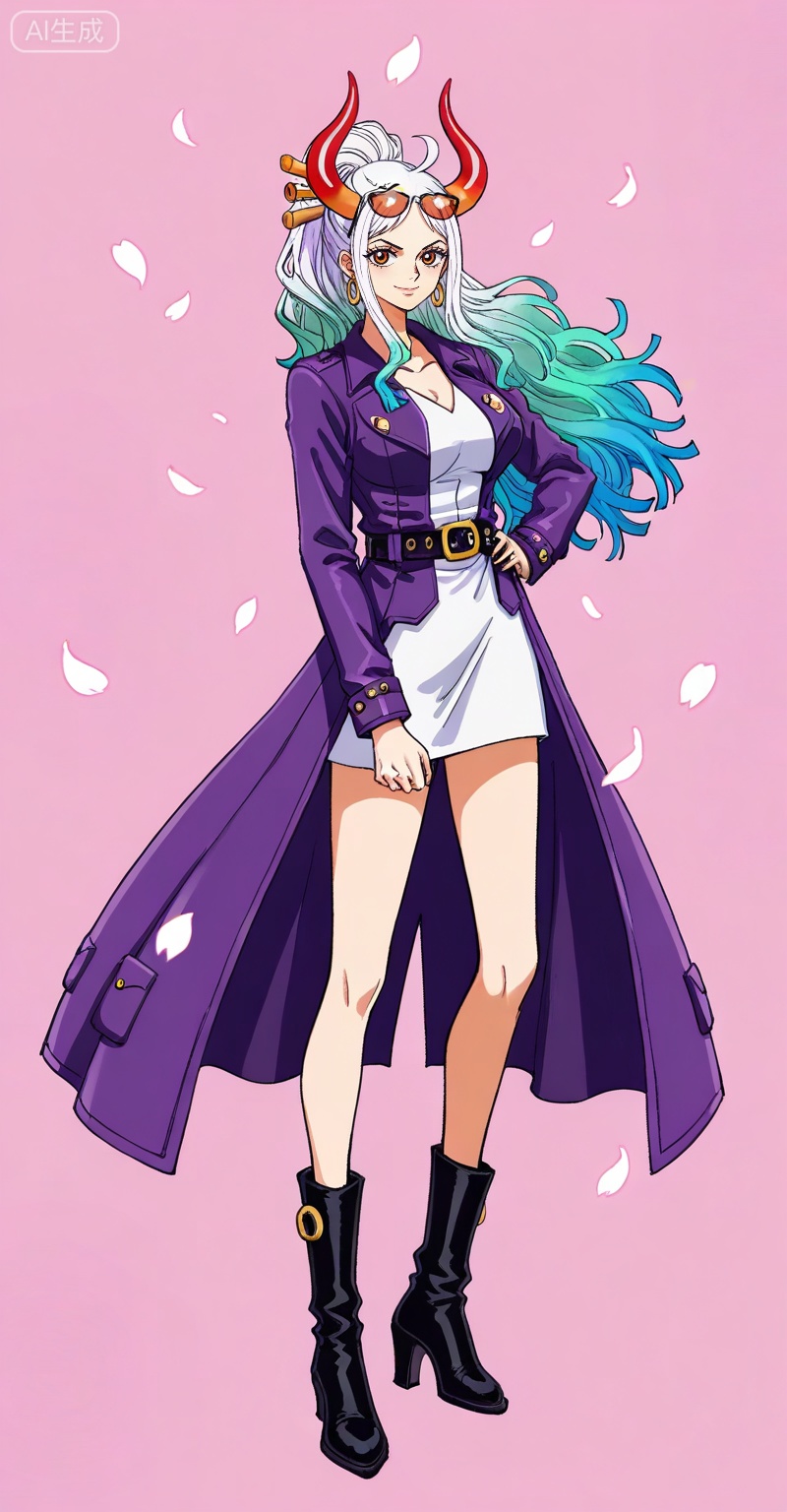 ,Yamato,Yamato (one piece),Yamato (one piece),
1girl,solo,horns,retro artstyle,multicolored hair,earrings,jewelry,looking at viewer,hair ornament,long hair,green hair,hair stick,curled horns,white hair,multicolored horns,red horns,ahoge,orange eyes,closed mouth,ponytail,gradient hair,high ponytail,aqua hair,
1girl,eyewear on head,solo,sunglasses,high heels,dress,smile,full body,petals,coat,breasts,boots,short dress,purple coat,looking at viewer,high heel boots,long sleeves,white dress,standing,

depth of field,masterpiece,best quality,very aesthetic,alternate costume,alternate costume,2024,2023,perfect composition,ultra-detailed,extreme aesthetic,(quasarcake:0.7),masterpiece,best quality,good quality,newest,year 2024,year 2023,very aesthetic,absurdres,looking_at_viewer,colorful,white_background,simple background,