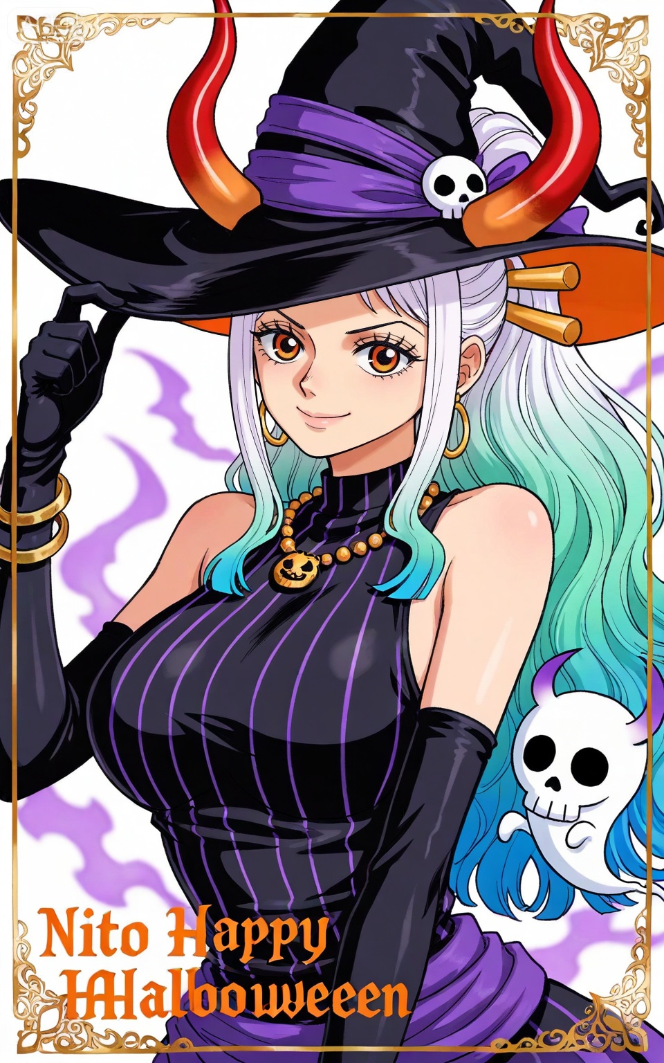 ,Yamato,Yamato (one piece),Yamato (one piece),
1girl,solo,horns,retro artstyle,multicolored hair,earrings,jewelry,looking at viewer,hair ornament,long hair,green hair,hair stick,curled horns,white hair,multicolored horns,red horns,ahoge,orange eyes,closed mouth,ponytail,gradient hair,high ponytail,aqua hair,
1girl,witch hat,gloves,jewelry,hat,breasts,solo,jack-o'-lantern,dress,halloween,earrings,ghost,black gloves,necklace,looking at viewer,black dress,pumpkin,smile,black headwear,sleeveless,elbow gloves,happy halloween,sleeveless dress,striped dress,bracelet,purple eyes,border,skull,upper body,halloween costume,witch,striped clothes,hand on headwear,large breasts,closed mouth,bare shoulders,

depth of field,masterpiece,best quality,very aesthetic,alternate costume,alternate costume,2024,2023,perfect composition,ultra-detailed,extreme aesthetic,(quasarcake:0.7),masterpiece,best quality,good quality,newest,year 2024,year 2023,very aesthetic,absurdres,looking_at_viewer,colorful,white_background,simple background,