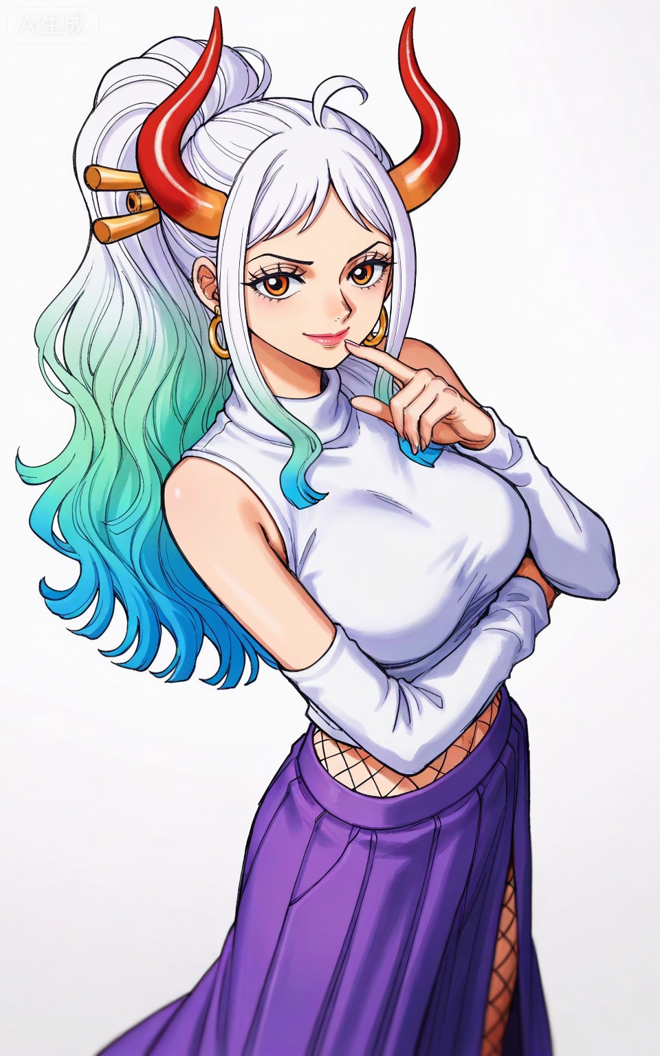 ,Yamato,Yamato (one piece),Yamato (one piece),
1girl,solo,horns,retro artstyle,multicolored hair,earrings,jewelry,looking at viewer,hair ornament,long hair,green hair,hair stick,curled horns,white hair,multicolored horns,red horns,ahoge,orange eyes,closed mouth,ponytail,gradient hair,high ponytail,aqua hair,
from side,dancing,from above,pov,finger to mouth,arm under breasts,dutch angle,perspective,large breasts,inoyamanakathelast,1girl,solo,looking at viewer,earrings,lipstick,crop top,elbow warmers,midriff,purple skirt,long skirt,fishnet pantyhose,half closed eyes,smile,

depth of field,masterpiece,best quality,very aesthetic,alternate costume,alternate costume,2024,2023,perfect composition,ultra-detailed,extreme aesthetic,(quasarcake:0.7),masterpiece,best quality,good quality,newest,year 2024,year 2023,very aesthetic,absurdres,looking_at_viewer,colorful,white_background,simple background,