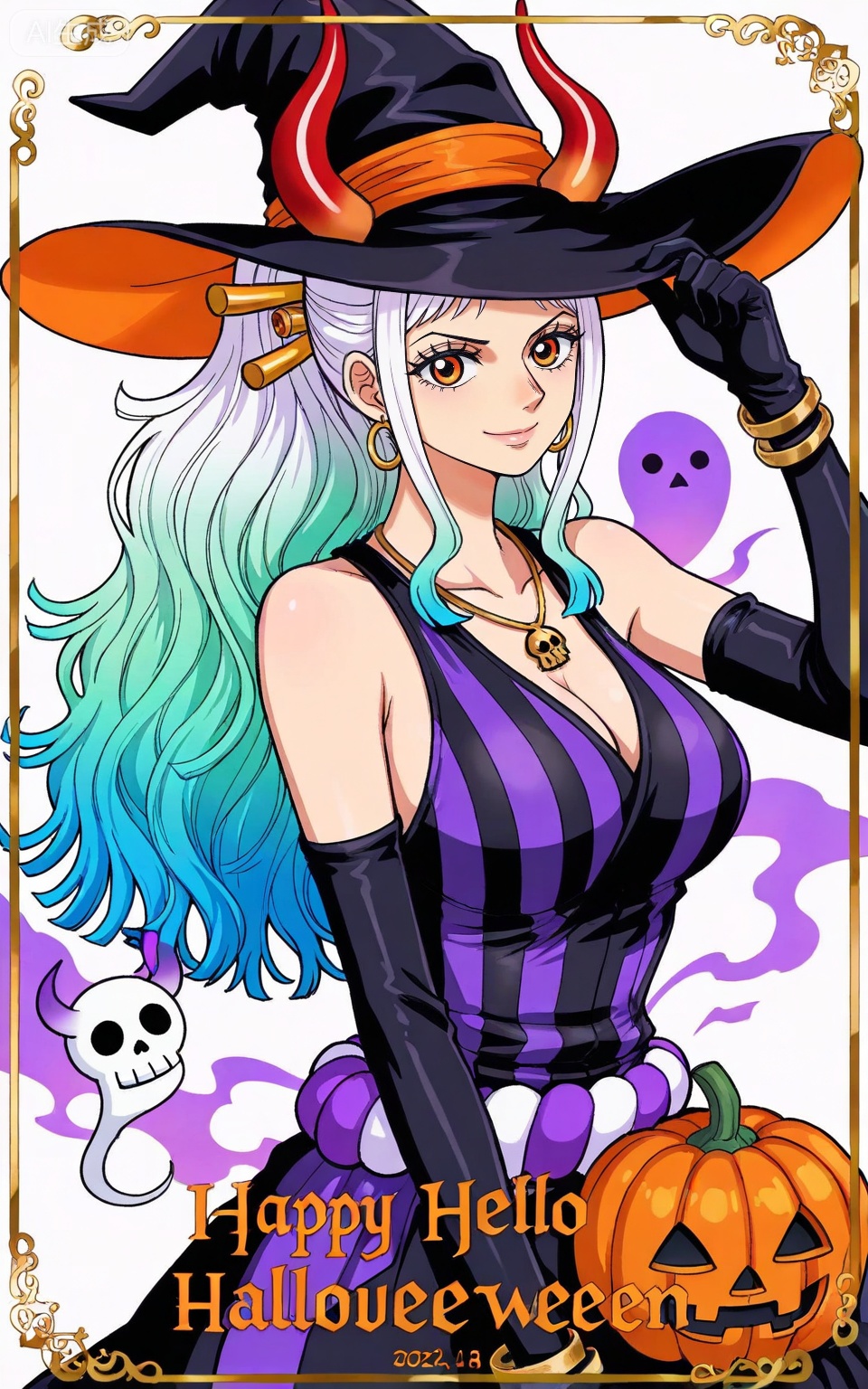 ,Yamato,Yamato (one piece),Yamato (one piece),
1girl,solo,horns,retro artstyle,multicolored hair,earrings,jewelry,looking at viewer,hair ornament,long hair,green hair,hair stick,curled horns,white hair,multicolored horns,red horns,ahoge,orange eyes,closed mouth,ponytail,gradient hair,high ponytail,aqua hair,
1girl,witch hat,gloves,jewelry,hat,breasts,solo,jack-o'-lantern,dress,halloween,earrings,ghost,black gloves,necklace,looking at viewer,black dress,pumpkin,smile,black headwear,sleeveless,elbow gloves,happy halloween,sleeveless dress,striped dress,bracelet,purple eyes,border,skull,upper body,halloween costume,witch,striped clothes,hand on headwear,large breasts,closed mouth,bare shoulders,

depth of field,masterpiece,best quality,very aesthetic,alternate costume,alternate costume,2024,2023,perfect composition,ultra-detailed,extreme aesthetic,(quasarcake:0.7),masterpiece,best quality,good quality,newest,year 2024,year 2023,very aesthetic,absurdres,looking_at_viewer,colorful,white_background,simple background,