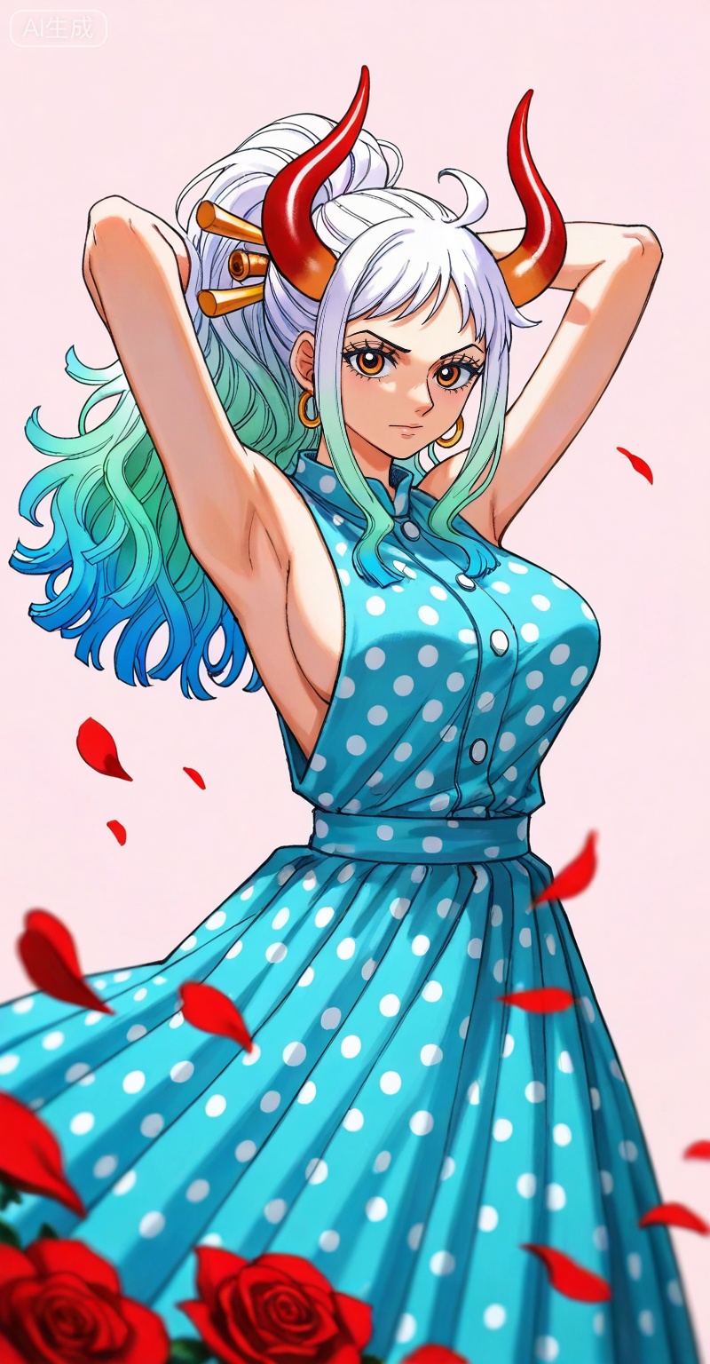 ,Yamato,Yamato (one piece),Yamato (one piece),
1girl,solo,horns,retro artstyle,multicolored hair,earrings,jewelry,looking at viewer,hair ornament,long hair,green hair,hair stick,curled horns,white hair,multicolored horns,red horns,ahoge,orange eyes,closed mouth,ponytail,gradient hair,high ponytail,aqua hair,
1girl, breasts, solo, polka dot, flower, dress, rose, polka dot dress, large breasts, red flower, armpits, petals, red rose, arms up, sideboob, sleeveless, frills, rose petals,

depth of field,masterpiece,best quality,very aesthetic,alternate costume,alternate costume,2024,2023,perfect composition,ultra-detailed,extreme aesthetic,(quasarcake:0.7),masterpiece,best quality,good quality,newest,year 2024,year 2023,very aesthetic,absurdres,looking_at_viewer,colorful,simple background,