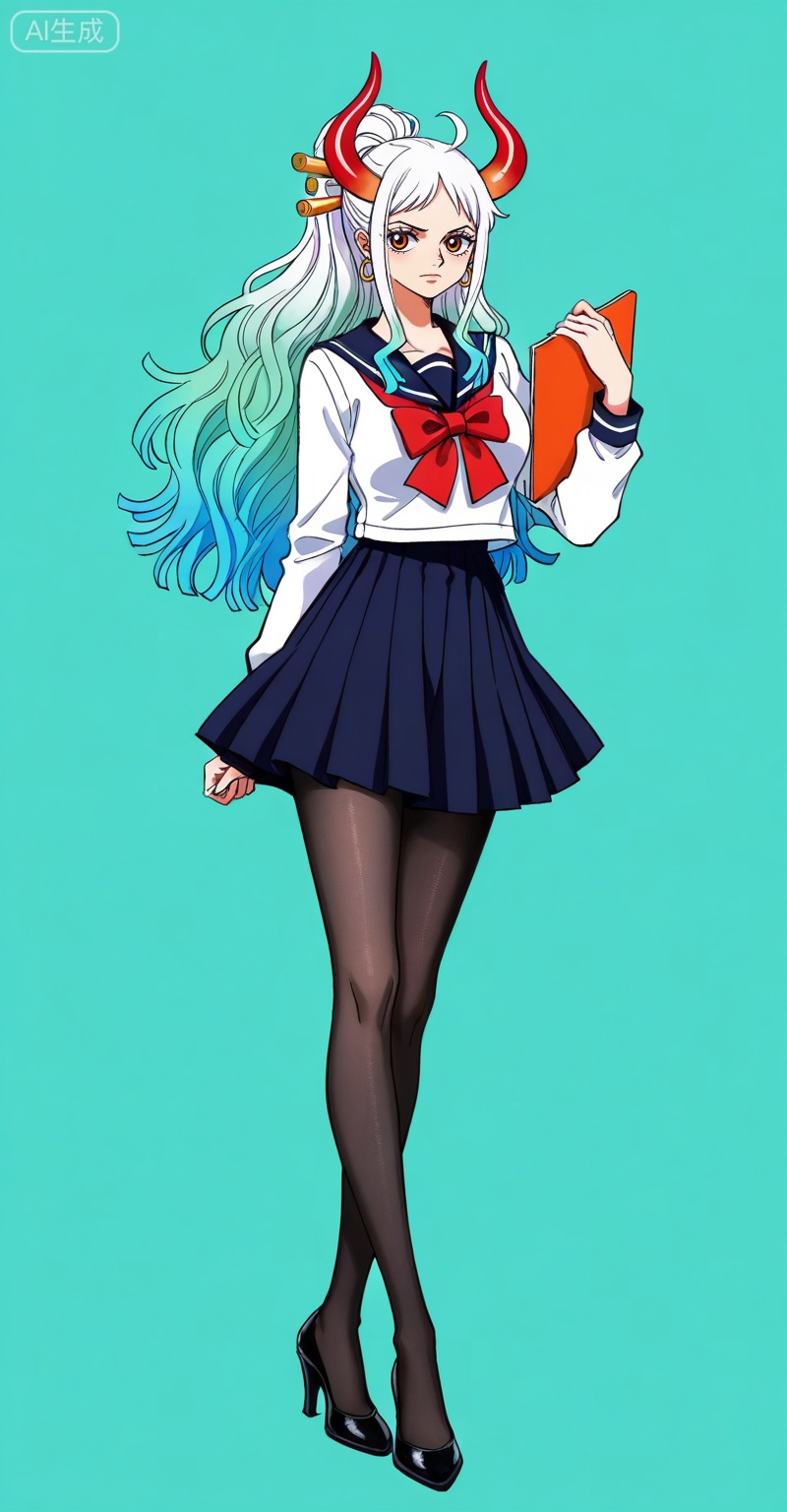 ,Yamato,Yamato (one piece),Yamato (one piece),
1girl,solo,horns,retro artstyle,multicolored hair,earrings,jewelry,looking at viewer,hair ornament,long hair,green hair,hair stick,curled horns,white hair,multicolored horns,red horns,ahoge,orange eyes,closed mouth,ponytail,gradient hair,high ponytail,aqua hair,
1girl, pantyhose, solo, school uniform, skirt,  serafuku,  black pantyhose, high heels, full body, holding, bow, crossed legs, standing, 

depth of field,masterpiece,best quality,very aesthetic,alternate costume,alternate costume,2024,2023,perfect composition,ultra-detailed,extreme aesthetic,(quasarcake:0.7),masterpiece,best quality,good quality,newest,year 2024,year 2023,very aesthetic,absurdres,looking_at_viewer,colorful,simple background,