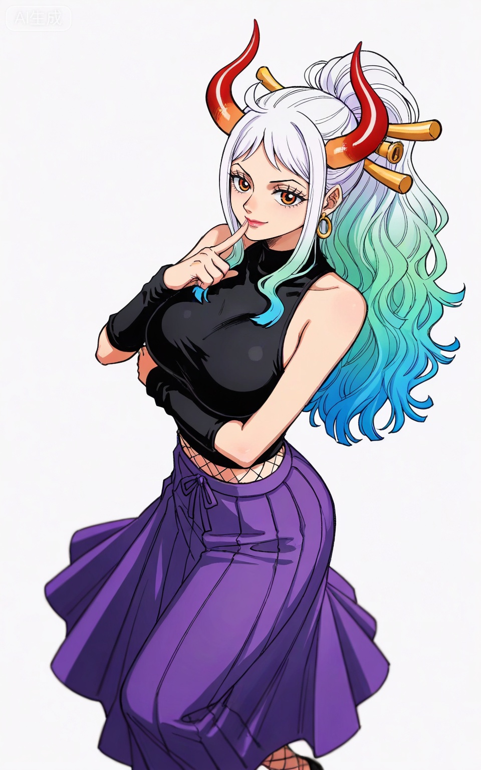 ,Yamato,Yamato (one piece),Yamato (one piece),
1girl,solo,horns,retro artstyle,multicolored hair,earrings,jewelry,looking at viewer,hair ornament,long hair,green hair,hair stick,curled horns,white hair,multicolored horns,red horns,ahoge,orange eyes,closed mouth,ponytail,gradient hair,high ponytail,aqua hair,
from side,dancing,from above,pov,finger to mouth,arm under breasts,dutch angle,perspective,large breasts,inoyamanakathelast,1girl,solo,looking at viewer,earrings,lipstick,crop top,elbow warmers,midriff,purple skirt,long skirt,fishnet pantyhose,half closed eyes,smile,

depth of field,masterpiece,best quality,very aesthetic,alternate costume,alternate costume,2024,2023,perfect composition,ultra-detailed,extreme aesthetic,(quasarcake:0.7),masterpiece,best quality,good quality,newest,year 2024,year 2023,very aesthetic,absurdres,looking_at_viewer,colorful,white_background,simple background,