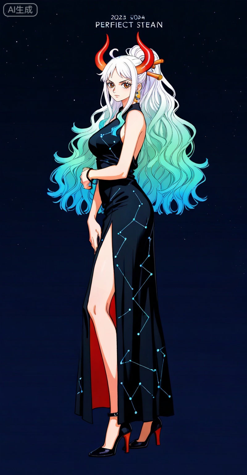 ,Yamato,Yamato (one piece),Yamato (one piece),
1girl,solo,horns,retro artstyle,multicolored hair,earrings,jewelry,looking at viewer,hair ornament,long hair,green hair,hair stick,curled horns,white hair,multicolored horns,red horns,ahoge,orange eyes,closed mouth,ponytail,gradient hair,high ponytail,aqua hair,
lvjing,1girl,long hair,solo,white hair,dress,very long hair,wavy hair,hair ornament,full body,jewelry,black dress,bare shoulders,star \(sky\),standing,constellation,side slit,high heels,40

depth of field,masterpiece,best quality,very aesthetic,alternate costume,alternate costume,2024,2023,perfect composition,ultra-detailed,extreme aesthetic,(quasarcake:0.7),masterpiece,best quality,good quality,newest,year 2024,year 2023,very aesthetic,absurdres,looking_at_viewer,colorful,simple background,english text,