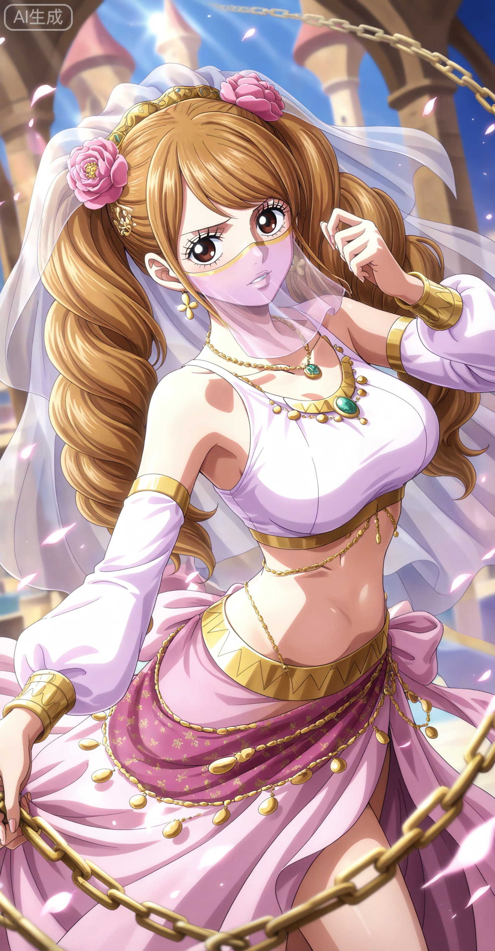 ,depth of field,masterpiece,best quality,very aesthetic,alternate costume,alternate costume,2024,2023,perfect composition,ultra-detailed,extreme aesthetic,masterpiece,best quality,good quality,newest,year 2024,year 2023,very aesthetic,absurdres,looking_at_viewer,colorful,:d,
Charlotte Pudding one piece,Charlotte Pudding\(one piece\),long hair,brown eyes,brown hair,hair ornament,twintails,eyelashes,drill hair,
1girl,solo,veil,long hair,chain,mouth veil,jewelry,looking at viewer,necklace,arabian clothes,crop_top,skirt,harem outfit,25,
