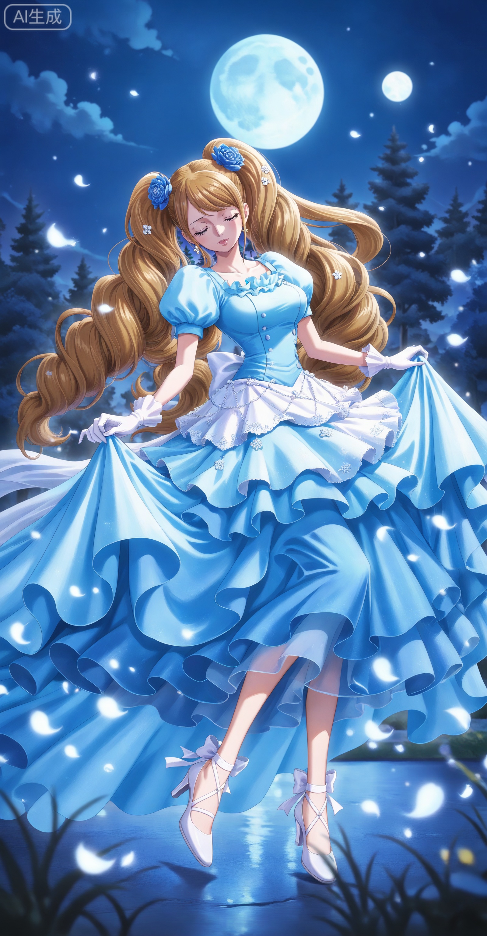 ,depth of field,masterpiece,best quality,very aesthetic,alternate costume,alternate costume,2024,2023,perfect composition,ultra-detailed,extreme aesthetic,masterpiece,best quality,good quality,newest,year 2024,year 2023,very aesthetic,absurdres,looking_at_viewer,colorful,:d,
Charlotte Pudding one piece,Charlotte Pudding\(one piece\),long hair,brown eyes,brown hair,hair ornament,twintails,eyelashes,drill hair,
lvjing, 1girl, dress, long hair, blonde hair, solo, blue dress, tree, blue theme, closed eyes, moon, gloves, night, high heels, very long hair