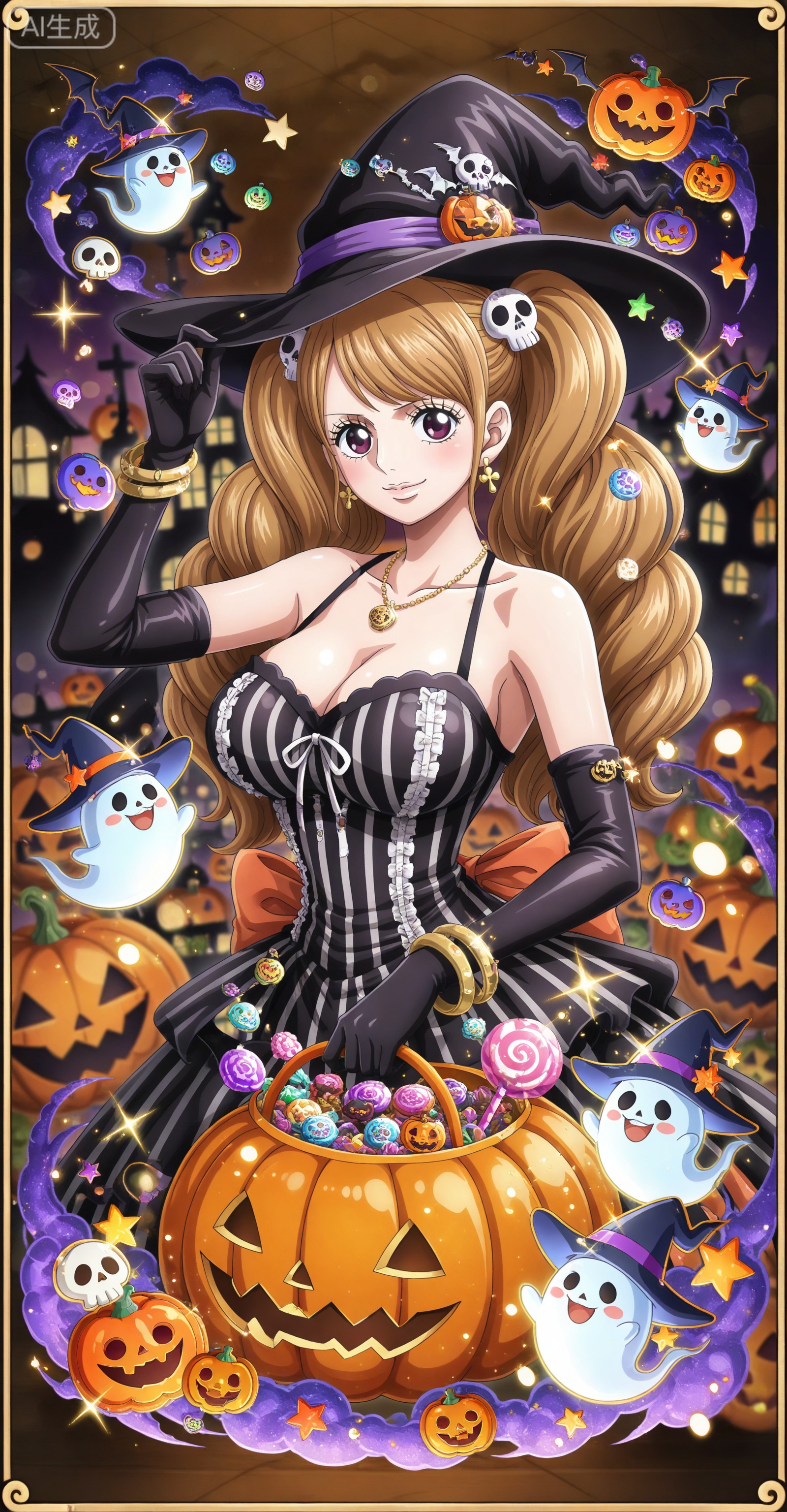 ,depth of field,masterpiece,best quality,very aesthetic,alternate costume,alternate costume,2024,2023,perfect composition,ultra-detailed,extreme aesthetic,masterpiece,best quality,good quality,newest,year 2024,year 2023,very aesthetic,absurdres,looking_at_viewer,colorful,:d,
Charlotte Pudding one piece,Charlotte Pudding\(one piece\),long hair,brown eyes,brown hair,hair ornament,twintails,eyelashes,drill hair,
1girl,witch hat,gloves,jewelry,hat,breasts,solo,jack-o'-lantern,dress,halloween,earrings,ghost,black gloves,necklace,looking at viewer,black dress,pumpkin,smile,black headwear,sleeveless,elbow gloves,happy halloween,sleeveless dress,striped dress,bracelet,purple eyes,border,skull,upper body,halloween costume,witch,striped clothes,hand on headwear,large breasts,closed mouth,bare shoulders,
