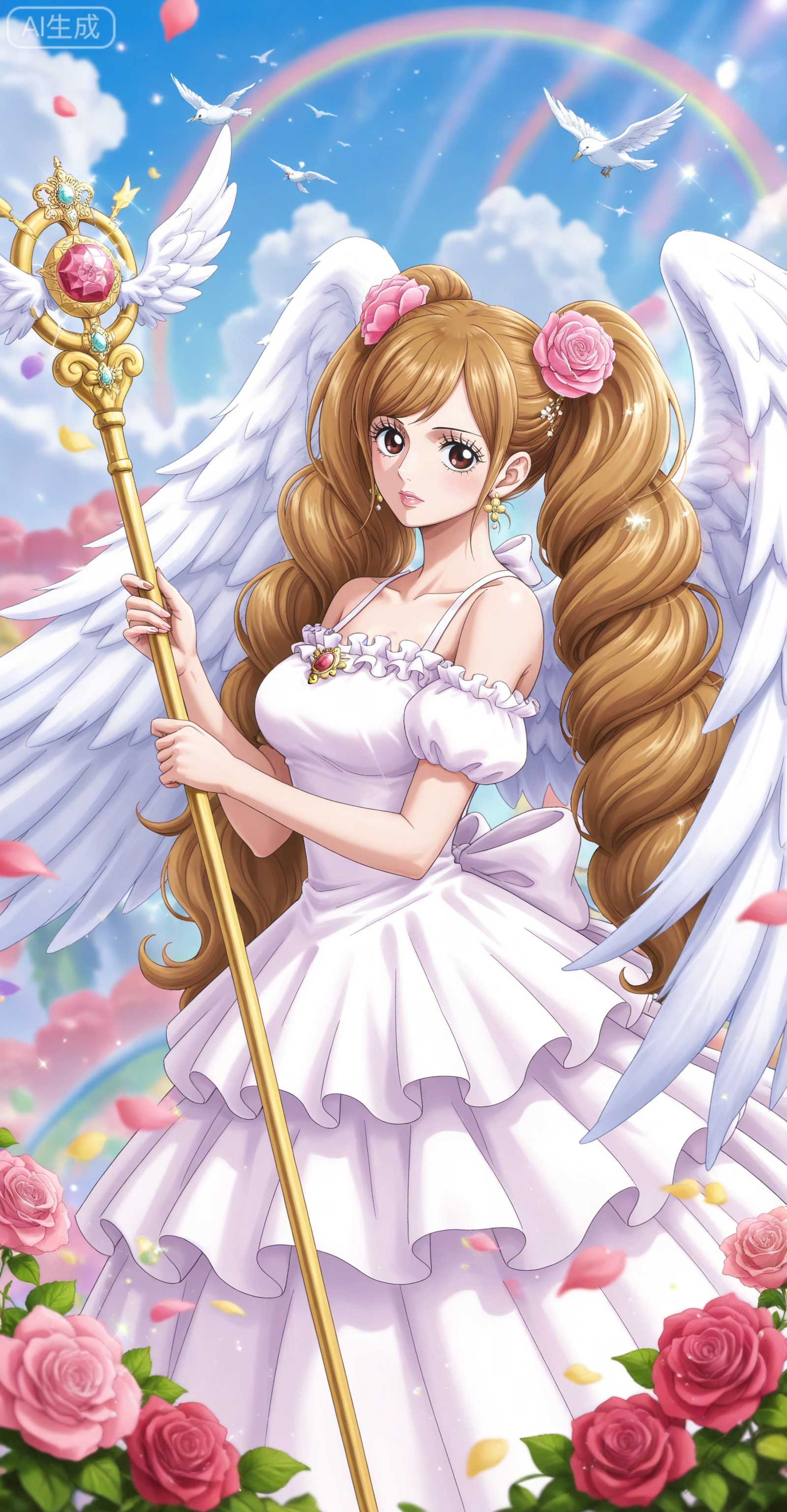 ,depth of field,masterpiece,best quality,very aesthetic,alternate costume,alternate costume,2024,2023,perfect composition,ultra-detailed,extreme aesthetic,masterpiece,best quality,good quality,newest,year 2024,year 2023,very aesthetic,absurdres,looking_at_viewer,colorful,:d,
Charlotte Pudding one piece,Charlotte Pudding\(one piece\),long hair,brown eyes,brown hair,hair ornament,twintails,eyelashes,drill hair,
lvjing,1girl,long hair,solo,dress,flower,wings,very long hair,jewelry,staff,pegasus,angel wings,rose,hair ornament,rainbow,earrings,white dress,bird,hair flower,holding,bare shoulders,white wings,6,

