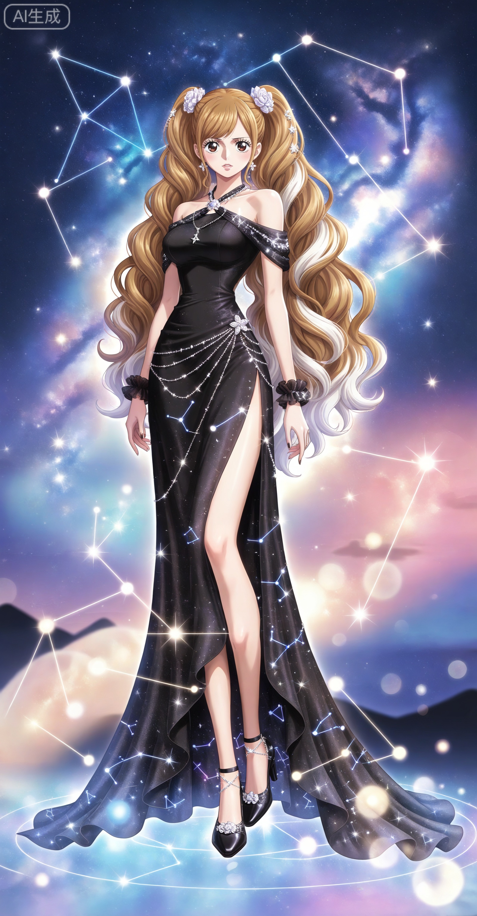 ,depth of field,masterpiece,best quality,very aesthetic,alternate costume,alternate costume,2024,2023,perfect composition,ultra-detailed,extreme aesthetic,masterpiece,best quality,good quality,newest,year 2024,year 2023,very aesthetic,absurdres,looking_at_viewer,colorful,:d,
Charlotte Pudding one piece,Charlotte Pudding\(one piece\),long hair,brown eyes,brown hair,hair ornament,twintails,eyelashes,drill hair,
lvjing,1girl,long hair,solo,white hair,dress,very long hair,wavy hair,hair ornament,full body,jewelry,black dress,bare shoulders,star \(sky\),standing,constellation,side slit,high heels,40

