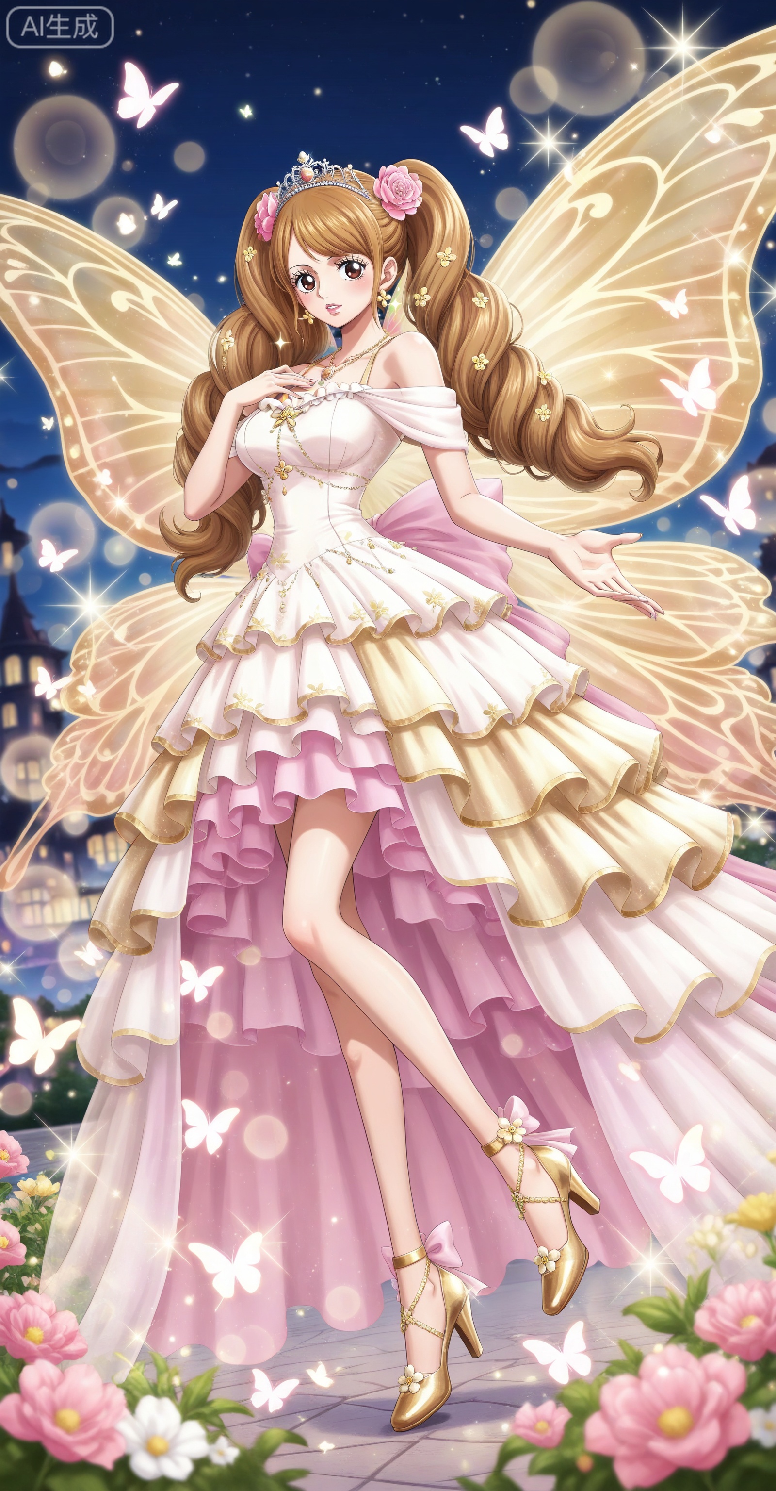 ,depth of field,masterpiece,best quality,very aesthetic,alternate costume,alternate costume,2024,2023,perfect composition,ultra-detailed,extreme aesthetic,masterpiece,best quality,good quality,newest,year 2024,year 2023,very aesthetic,absurdres,looking_at_viewer,colorful,:d,
Charlotte Pudding one piece,Charlotte Pudding\(one piece\),long hair,brown eyes,brown hair,hair ornament,twintails,eyelashes,drill hair,
lvjing,1girl,dress,hair ornament,butterfly,jewelry,bug,solo,wings,insect wings,earrings,flower,tiara,necklace,night,butterfly wings,sparkle,outstretched hand,bare shoulders,30,legs,long legs,high_heels,white dress,gold dress,pink dress,
