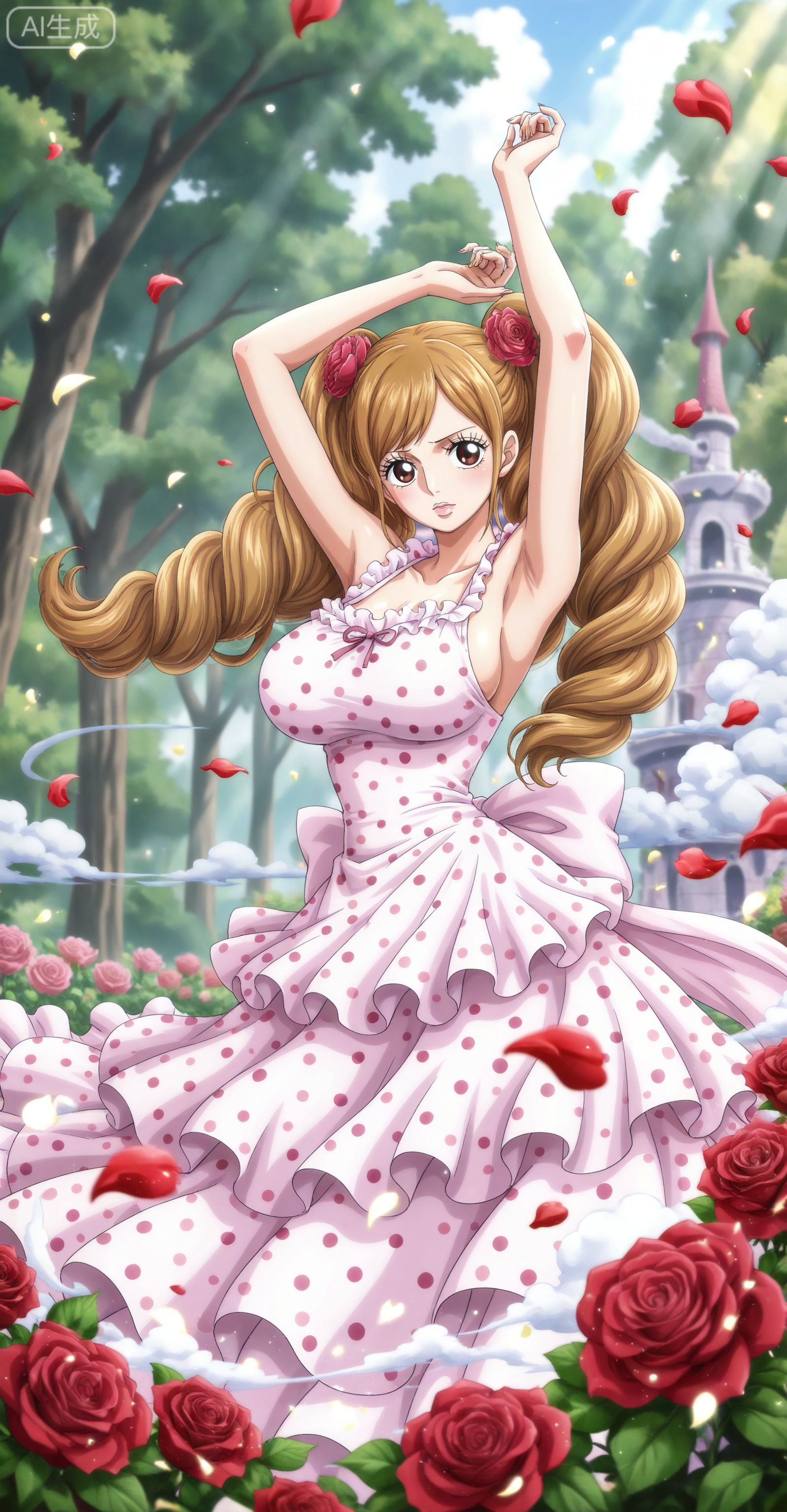 ,depth of field,masterpiece,best quality,very aesthetic,alternate costume,alternate costume,2024,2023,perfect composition,ultra-detailed,extreme aesthetic,masterpiece,best quality,good quality,newest,year 2024,year 2023,very aesthetic,absurdres,looking_at_viewer,colorful,:d,
Charlotte Pudding one piece,Charlotte Pudding\(one piece\),long hair,brown eyes,brown hair,hair ornament,twintails,eyelashes,drill hair,
1girl, breasts, solo, polka dot, flower, dress, rose, polka dot dress, large breasts, red flower, armpits, petals, red rose, arms up, sideboob, sleeveless, frills, rose petals,nature,smoke,flowers,
