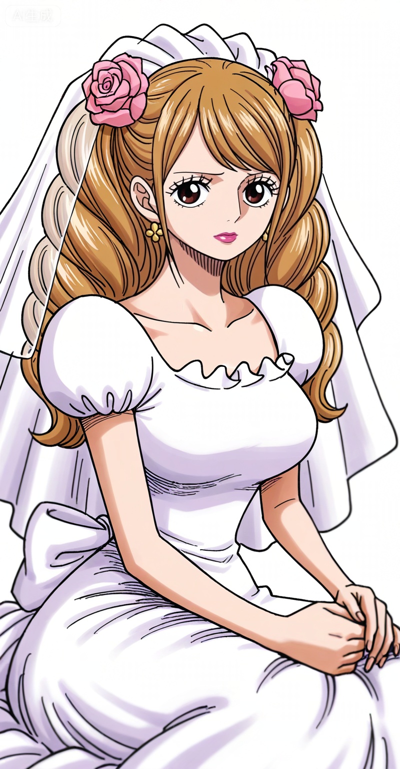 ,depth of field,masterpiece,best quality,very aesthetic,alternate costume,alternate costume,2024,2023,perfect composition,ultra-detailed,extreme aesthetic,masterpiece,best quality,good quality,newest,year 2024,year 2023,very aesthetic,absurdres,looking_at_viewer,colorful,:d,
Charlotte Pudding one piece,Charlotte Pudding\(one piece\),long hair,brown eyes,brown hair,hair ornament,twintails,eyelashes,drill hair,
Charlotte Pudding one piece, Charlotte Pudding\(one piece\), 1girl, solo, dress, flower, wedding dress, veil, hair flower, long hair, hair ornament, earrings, jewelry, bride, bridal veil, white background, brown hair, white dress, blonde hair, simple background, lipstick, rose, sitting