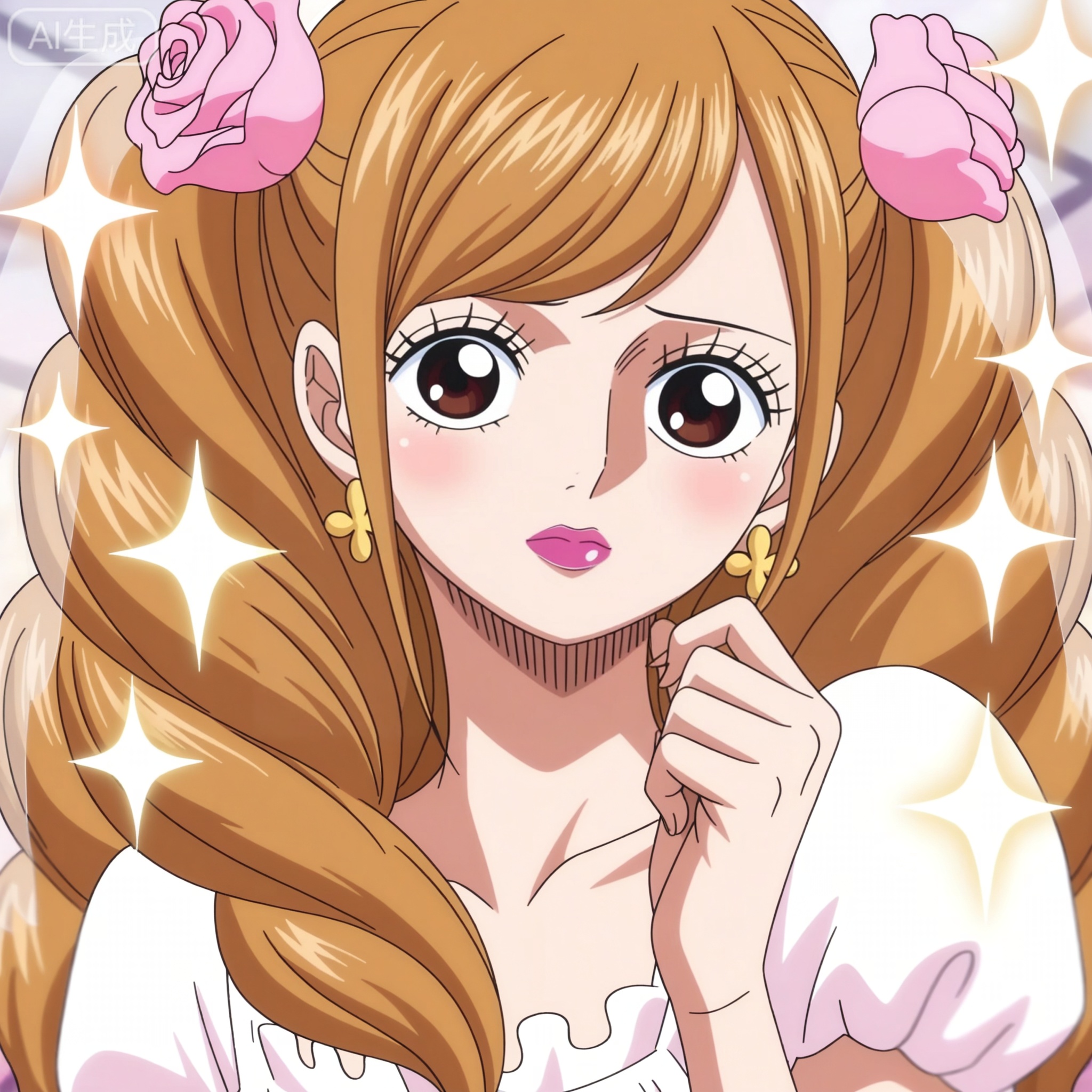 ,depth of field,masterpiece,best quality,very aesthetic,alternate costume,alternate costume,2024,2023,perfect composition,ultra-detailed,extreme aesthetic,masterpiece,best quality,good quality,newest,year 2024,year 2023,very aesthetic,absurdres,looking_at_viewer,colorful,:d,
Charlotte Pudding one piece,Charlotte Pudding\(one piece\),long hair,brown eyes,brown hair,hair ornament,twintails,eyelashes,drill hair,
Charlotte Pudding one piece, Charlotte Pudding\(one piece\), 1girl, solo, flower, earrings, hair flower, hair ornament, jewelry, long hair, eyelashes, lipstick, brown eyes, sparkle, brown hair, makeup, rose, twintails, drill hair