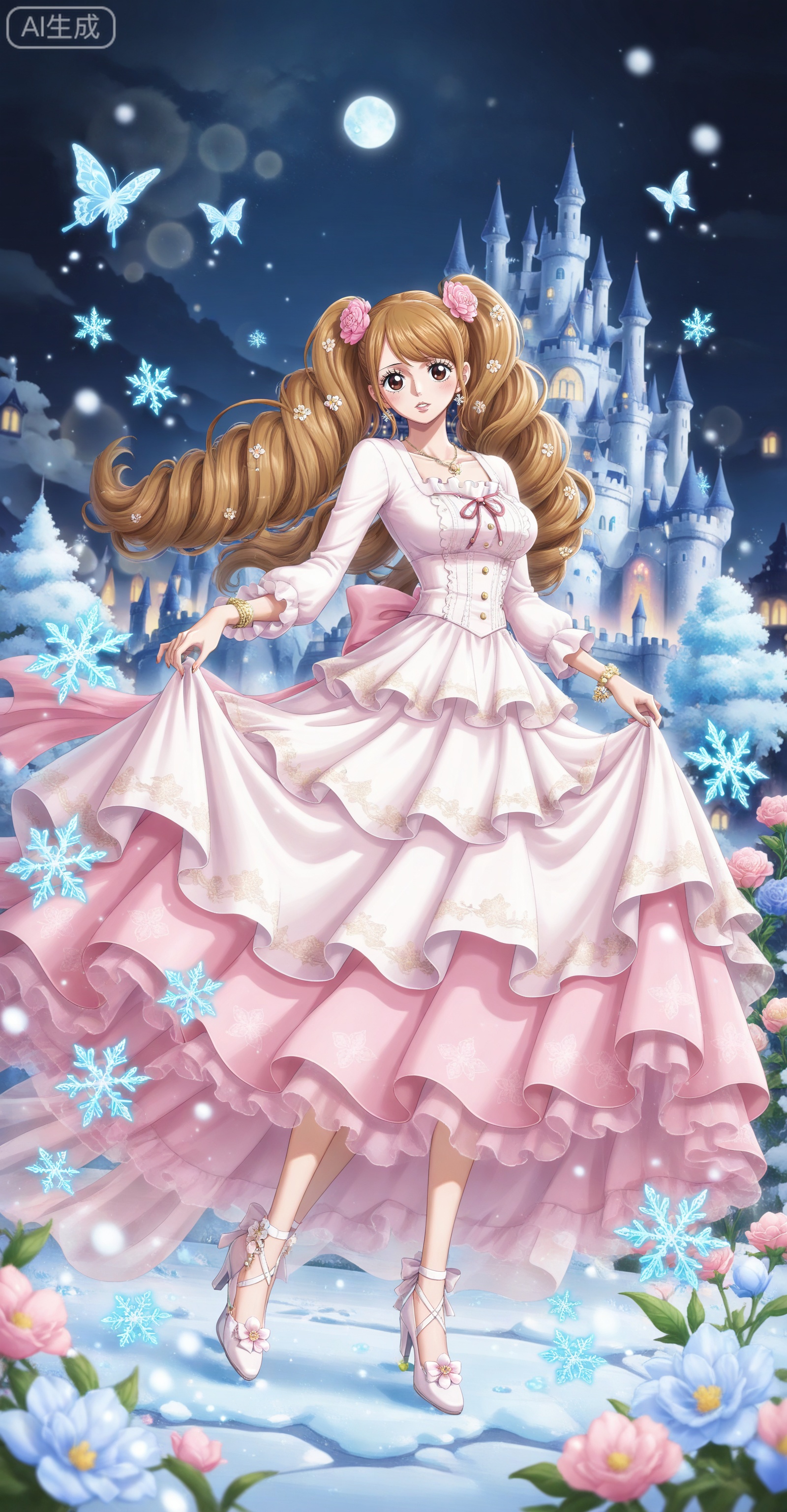 ,depth of field,masterpiece,best quality,very aesthetic,alternate costume,alternate costume,2024,2023,perfect composition,ultra-detailed,extreme aesthetic,masterpiece,best quality,good quality,newest,year 2024,year 2023,very aesthetic,absurdres,looking_at_viewer,colorful,:d,
Charlotte Pudding one piece,Charlotte Pudding\(one piece\),long hair,brown eyes,brown hair,hair ornament,twintails,eyelashes,drill hair,
lvjing,1girl,dress,long hair,solo,skirt hold,hair ornament,jewelry,white hair,necklace,full body,night,castle,butterfly,snowflakes,bug,flower,56, lvjing,lying,on back,high_heels,
