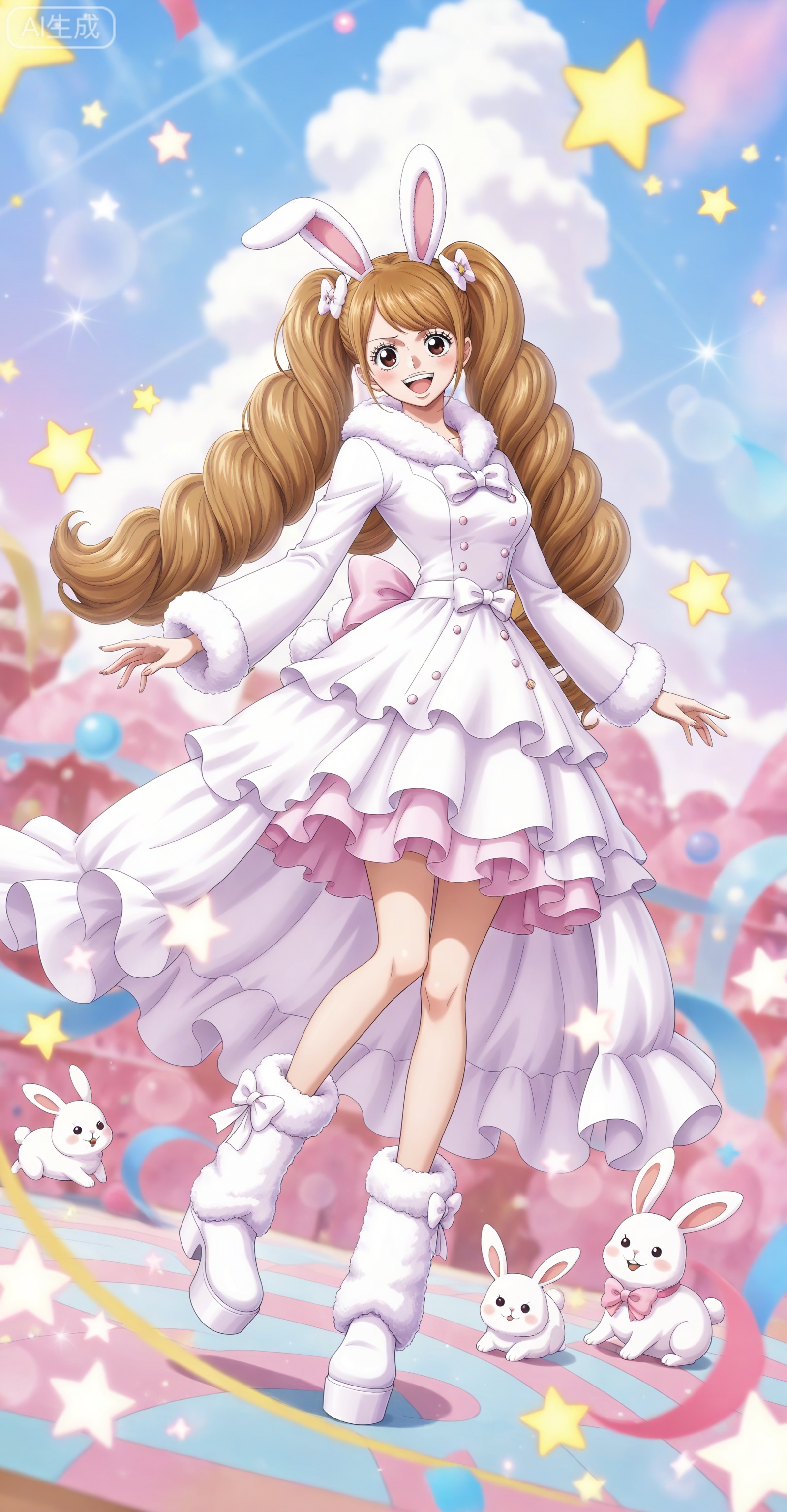 ,depth of field,masterpiece,best quality,very aesthetic,alternate costume,alternate costume,2024,2023,perfect composition,ultra-detailed,extreme aesthetic,masterpiece,best quality,good quality,newest,year 2024,year 2023,very aesthetic,absurdres,looking_at_viewer,colorful,:d,
Charlotte Pudding one piece,Charlotte Pudding\(one piece\),long hair,brown eyes,brown hair,hair ornament,twintails,eyelashes,drill hair,
lvjing,1girl,dress,long hair,white dress,solo,blonde hair,white footwear,bow,full body,looking at viewer,star \(symbol\),open mouth,hair ornament,platform footwear,animal ears,boots,very long hair,rabbit,fur trim,jewelry,smile,hair bow,