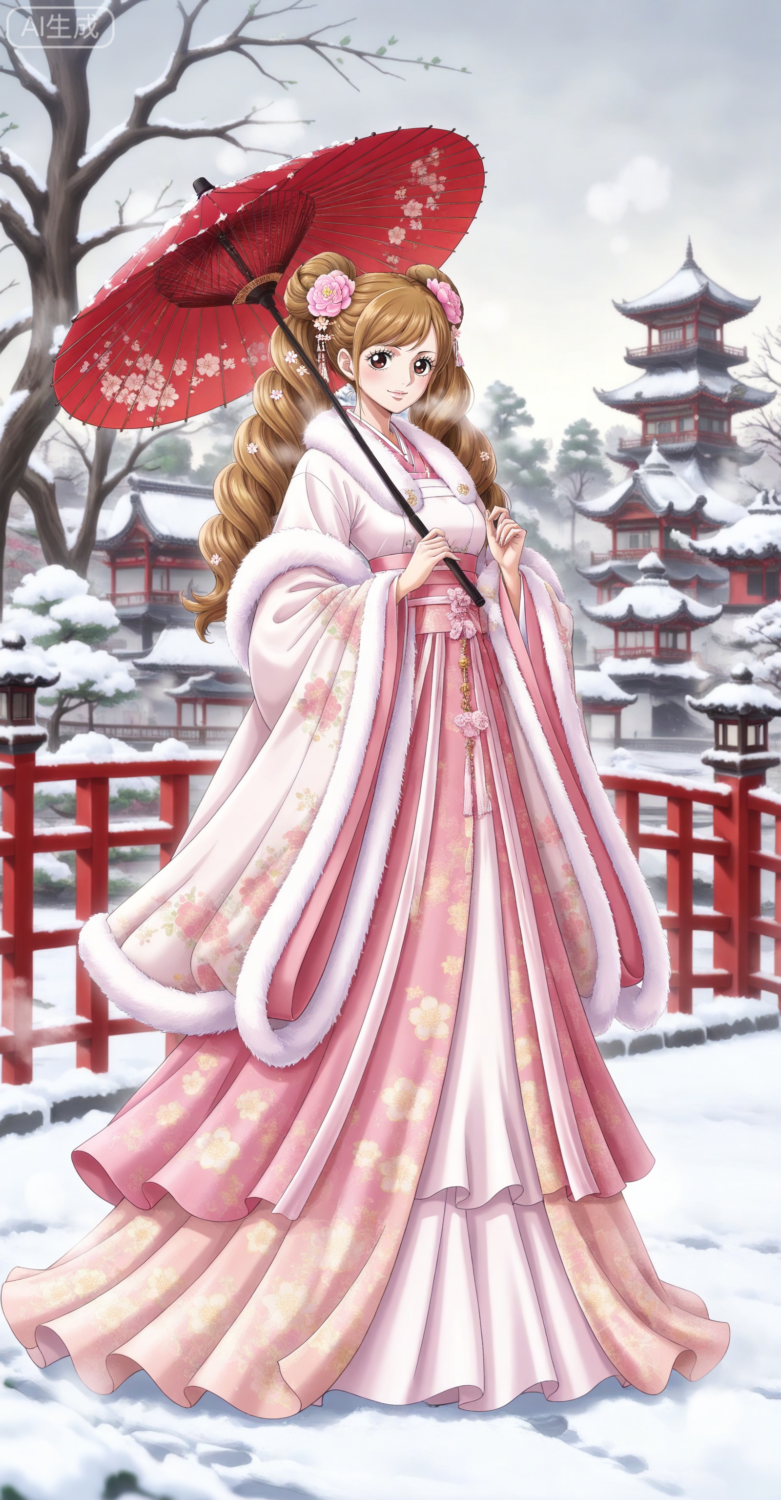 ,depth of field,masterpiece,best quality,very aesthetic,alternate costume,alternate costume,2024,2023,perfect composition,ultra-detailed,extreme aesthetic,masterpiece,best quality,good quality,newest,year 2024,year 2023,very aesthetic,absurdres,looking_at_viewer,colorful,:d,
Charlotte Pudding one piece,Charlotte Pudding\(one piece\),long hair,brown eyes,brown hair,hair ornament,twintails,eyelashes,drill hair,
1girl,solo,holding,umbrella,snow,holding umbrella,looking at viewer,oil-paper umbrella,tree,chinese clothes,wide sleeves,hair ornament,outdoors,official alternate costume,standing,full body,hair bun,fur trim,long sleeves,east asian architecture,architecture,flower,winter,smile,floral print,dress,fence,bare tree,closed mouth,hair flower,hanfu,23,
