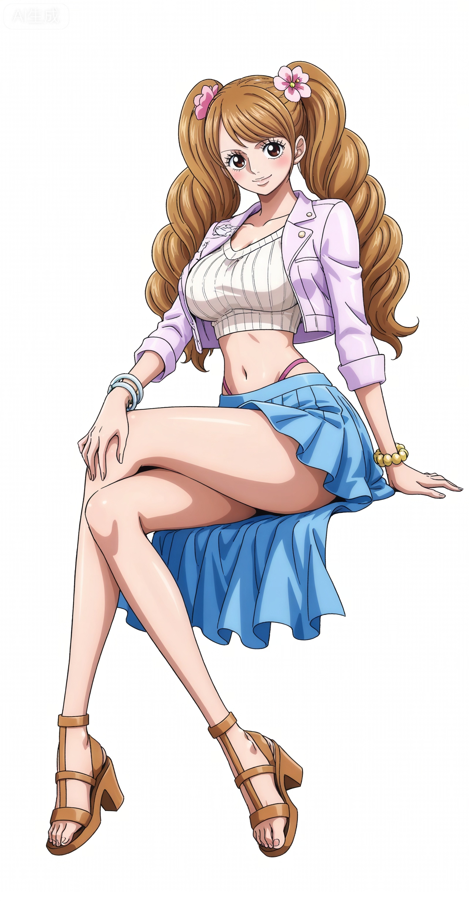 ,depth of field,masterpiece,best quality,very aesthetic,alternate costume,alternate costume,2024,2023,perfect composition,ultra-detailed,extreme aesthetic,masterpiece,best quality,good quality,newest,year 2024,year 2023,very aesthetic,absurdres,looking_at_viewer,colorful,:d,
Charlotte Pudding one piece,Charlotte Pudding\(one piece\),long hair,brown eyes,brown hair,hair ornament,twintails,eyelashes,drill hair,
1girl,solo,breasts,crossed legs,high heels,skirt,legs,sitting,sandals,simple background,miniskirt,smile,white background,large breasts,bracelet,midriff,jewelry,invisible chair,gladiator sandals,full body,jacket,pleated skirt,looking at viewer,crop top,blue skirt,arm support,toes,hand on own knee,navel,feet,17,
