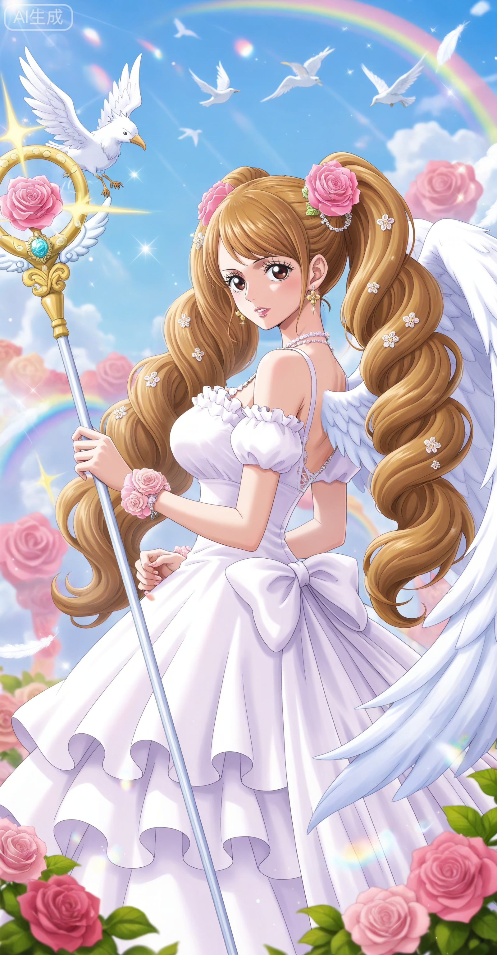 ,depth of field,masterpiece,best quality,very aesthetic,alternate costume,alternate costume,2024,2023,perfect composition,ultra-detailed,extreme aesthetic,masterpiece,best quality,good quality,newest,year 2024,year 2023,very aesthetic,absurdres,looking_at_viewer,colorful,:d,
Charlotte Pudding one piece,Charlotte Pudding\(one piece\),long hair,brown eyes,brown hair,hair ornament,twintails,eyelashes,drill hair,
lvjing,1girl,long hair,solo,dress,flower,wings,very long hair,jewelry,staff,pegasus,angel wings,rose,hair ornament,rainbow,earrings,white dress,bird,hair flower,holding,bare shoulders,white wings,6,

