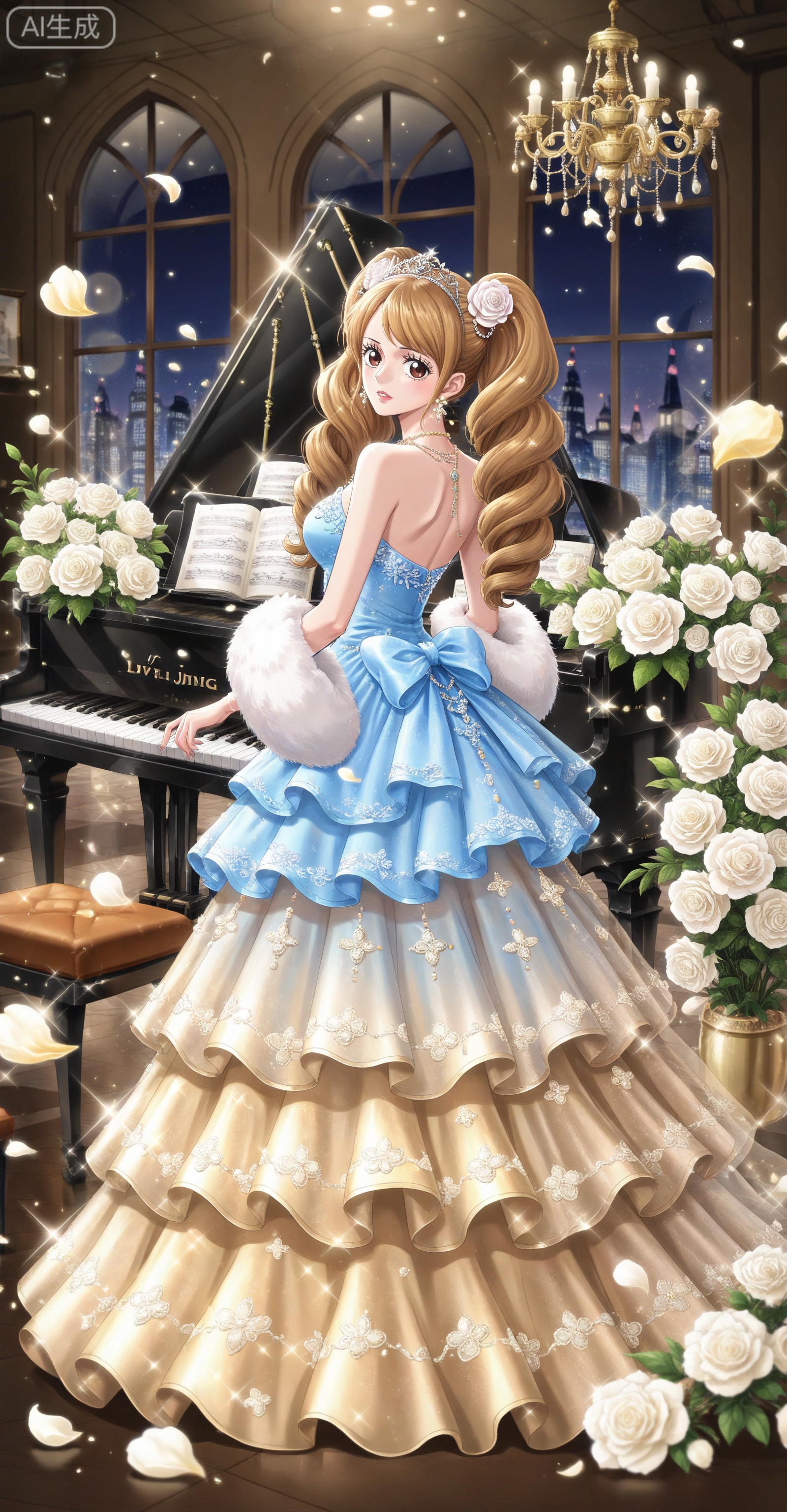 ,depth of field,masterpiece,best quality,very aesthetic,alternate costume,alternate costume,2024,2023,perfect composition,ultra-detailed,extreme aesthetic,masterpiece,best quality,good quality,newest,year 2024,year 2023,very aesthetic,absurdres,looking_at_viewer,colorful,:d,
Charlotte Pudding one piece,Charlotte Pudding\(one piece\),long hair,brown eyes,brown hair,hair ornament,twintails,eyelashes,drill hair,
lvjing,1girl,dress,flower,instrument,solo,white flower,chandelier,jewelry,long hair,white rose,earrings,piano,night,tiara,full body,sparkle,rose,blue dress,gold dress,window,necklace,night sky,sky,indoors,petals,bare shoulders,building,looking at viewer,41, ,lvjing,back,looking_back, 

