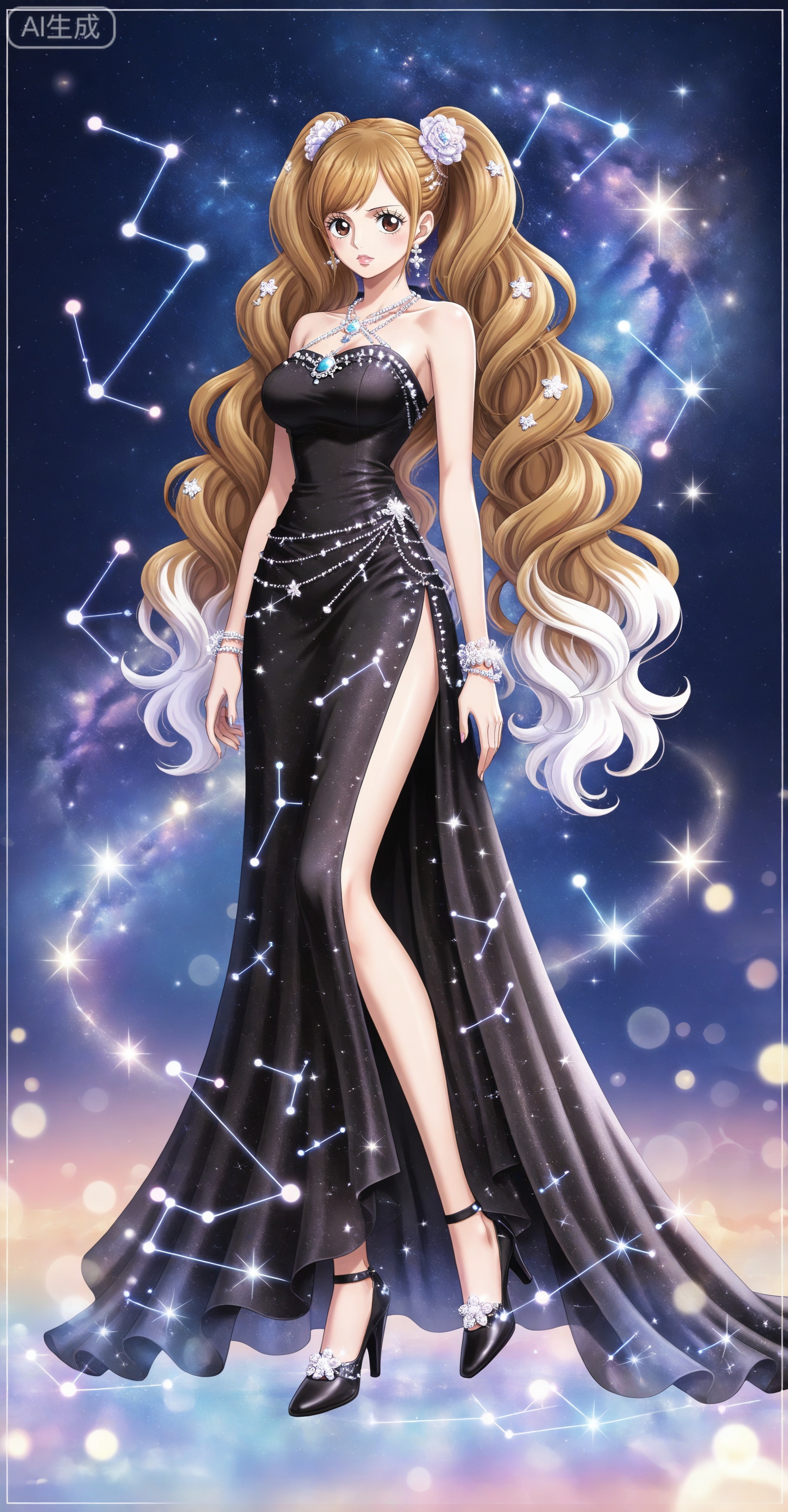 ,depth of field,masterpiece,best quality,very aesthetic,alternate costume,alternate costume,2024,2023,perfect composition,ultra-detailed,extreme aesthetic,masterpiece,best quality,good quality,newest,year 2024,year 2023,very aesthetic,absurdres,looking_at_viewer,colorful,:d,
Charlotte Pudding one piece,Charlotte Pudding\(one piece\),long hair,brown eyes,brown hair,hair ornament,twintails,eyelashes,drill hair,
lvjing,1girl,long hair,solo,white hair,dress,very long hair,wavy hair,hair ornament,full body,jewelry,black dress,bare shoulders,star \(sky\),standing,constellation,side slit,high heels,40

