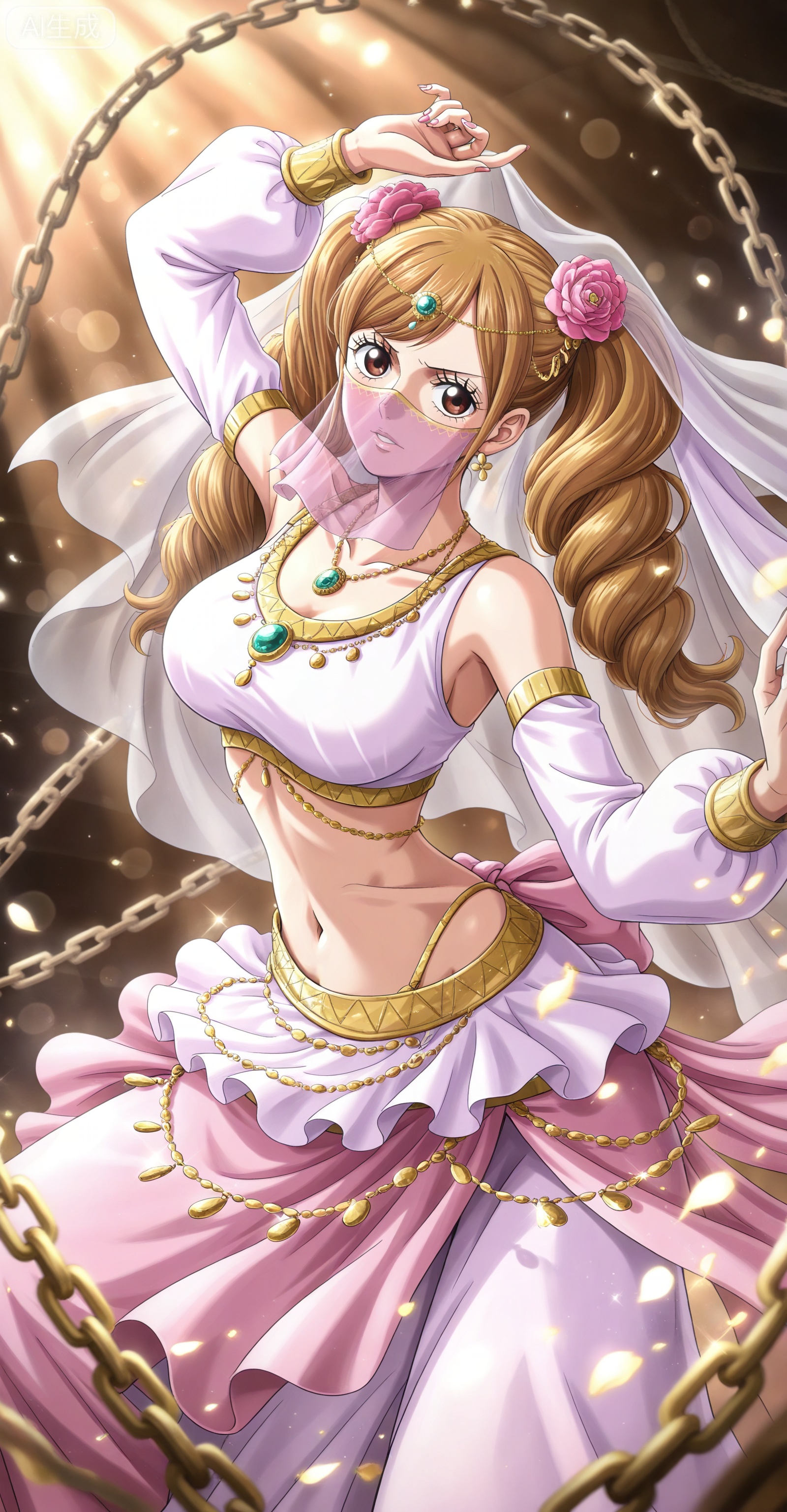 ,depth of field,masterpiece,best quality,very aesthetic,alternate costume,alternate costume,2024,2023,perfect composition,ultra-detailed,extreme aesthetic,masterpiece,best quality,good quality,newest,year 2024,year 2023,very aesthetic,absurdres,looking_at_viewer,colorful,:d,
Charlotte Pudding one piece,Charlotte Pudding\(one piece\),long hair,brown eyes,brown hair,hair ornament,twintails,eyelashes,drill hair,
1girl,solo,veil,long hair,chain,mouth veil,jewelry,looking at viewer,necklace,arabian clothes,crop_top,skirt,harem outfit,25,
