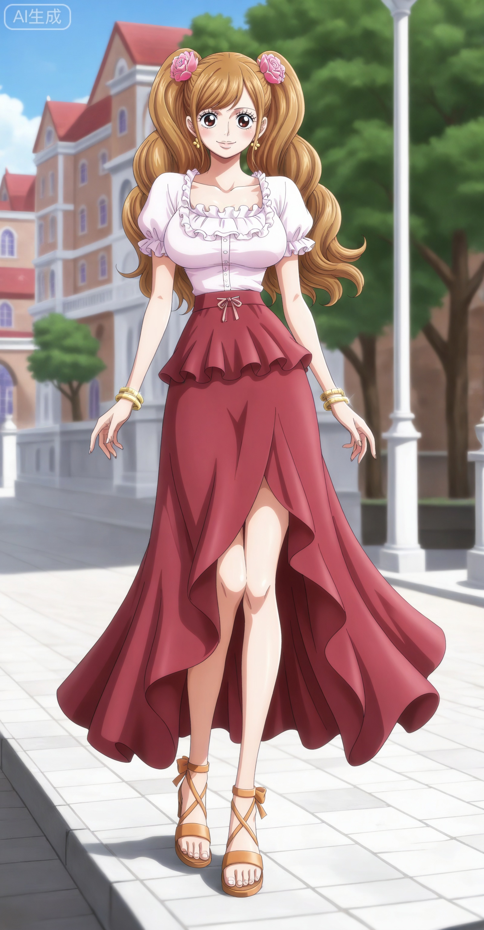 ,depth of field,masterpiece,best quality,very aesthetic,alternate costume,alternate costume,2024,2023,perfect composition,ultra-detailed,extreme aesthetic,masterpiece,best quality,good quality,newest,year 2024,year 2023,very aesthetic,absurdres,looking_at_viewer,colorful,:d,
Charlotte Pudding one piece,Charlotte Pudding\(one piece\),long hair,brown eyes,brown hair,hair ornament,twintails,eyelashes,drill hair,
1girl,breasts,solo,jewelry,sandals,smile,large breasts,bracelet,legs,looking at viewer,shirt,full body,white shirt,earrings,high heels,short sleeves,red skirt,standing,skirt,frills,collarbone,dress,toes,bangle,frilled shirt,10,
