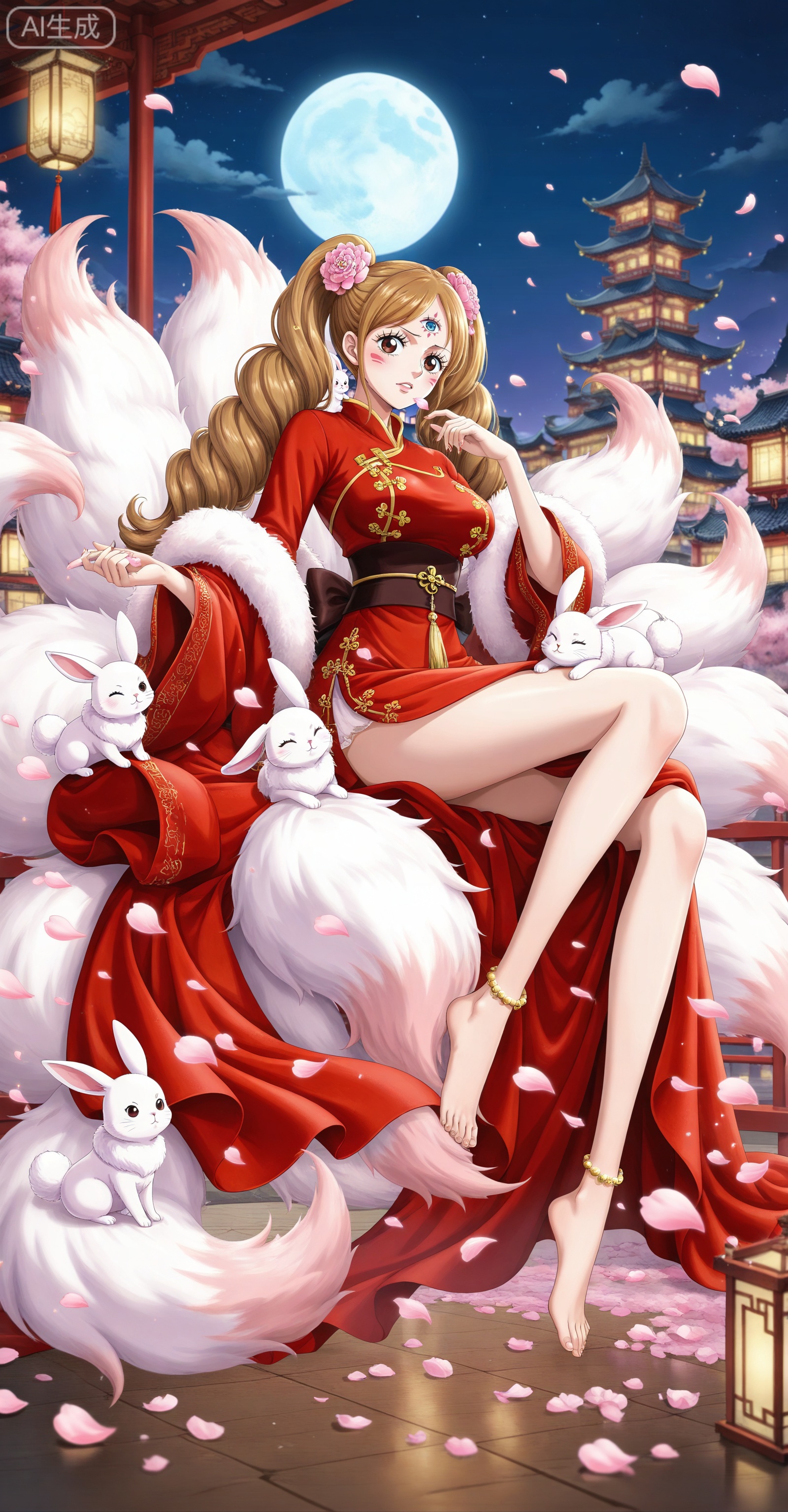 ,depth of field,masterpiece,best quality,very aesthetic,alternate costume,alternate costume,2024,2023,perfect composition,ultra-detailed,extreme aesthetic,masterpiece,best quality,good quality,newest,year 2024,year 2023,very aesthetic,absurdres,looking_at_viewer,colorful,:d,
Charlotte Pudding one piece,Charlotte Pudding\(one piece\),long hair,brown eyes,brown hair,hair ornament,twintails,eyelashes,drill hair,
lvjing,1girl,long hair,moon,night,sky,barefoot,facial mark,dress,jewelry,sitting,hair ornament,forehead mark,solo,lantern,multiple tails,fox,full moon,rabbit,chinese clothes,architecture,full body,night sky,bare legs,red dress,sash,east asian architecture,petals,tail,anklet,