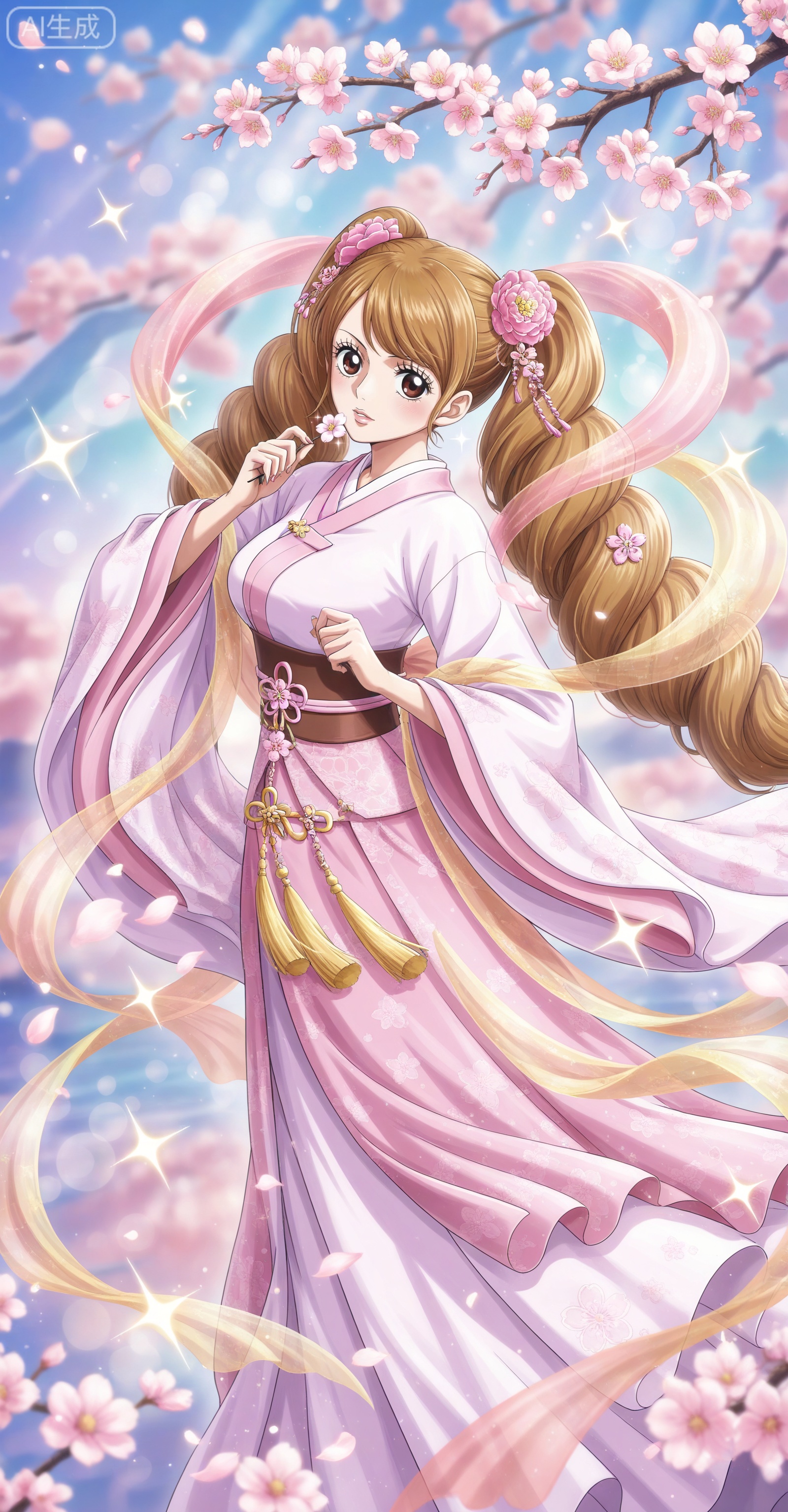 ,depth of field,masterpiece,best quality,very aesthetic,alternate costume,alternate costume,2024,2023,perfect composition,ultra-detailed,extreme aesthetic,masterpiece,best quality,good quality,newest,year 2024,year 2023,very aesthetic,absurdres,looking_at_viewer,colorful,:d,
Charlotte Pudding one piece,Charlotte Pudding\(one piece\),long hair,brown eyes,brown hair,hair ornament,twintails,eyelashes,drill hair,
lvjing,1girl,long hair,hair ornament,very long hair,flower,wide sleeves,japanese clothes,sparkle,long sleeves,hagoromo,chinese clothes,holding,solo,tassel,branch,shawl,9,
