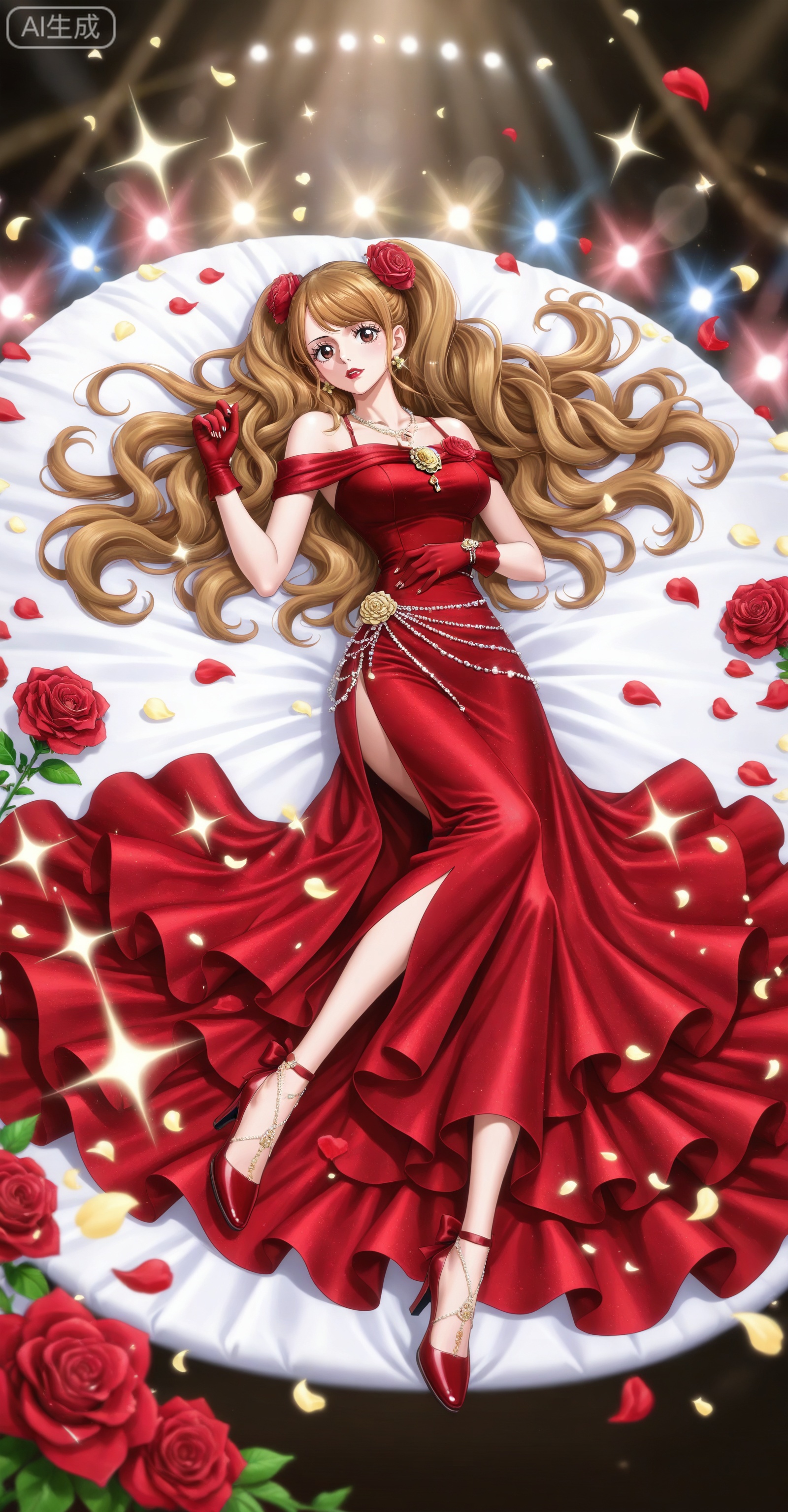 ,depth of field,masterpiece,best quality,very aesthetic,alternate costume,alternate costume,2024,2023,perfect composition,ultra-detailed,extreme aesthetic,masterpiece,best quality,good quality,newest,year 2024,year 2023,very aesthetic,absurdres,looking_at_viewer,colorful,:d,
Charlotte Pudding one piece,Charlotte Pudding\(one piece\),long hair,brown eyes,brown hair,hair ornament,twintails,eyelashes,drill hair,
lvjing,red dress,flower,dress,long hair,1girl,solo,red flower,jewelry,hair ornament,red gloves,red footwear,hair flower,gloves,rose,high heels,full body,looking at viewer,earrings,red rose,wavy hair,sparkle,petals,stage,red lips,necklace,side slit,long dress,makeup,red nails,45, ,lvjing,lying,on back,high_heels,
