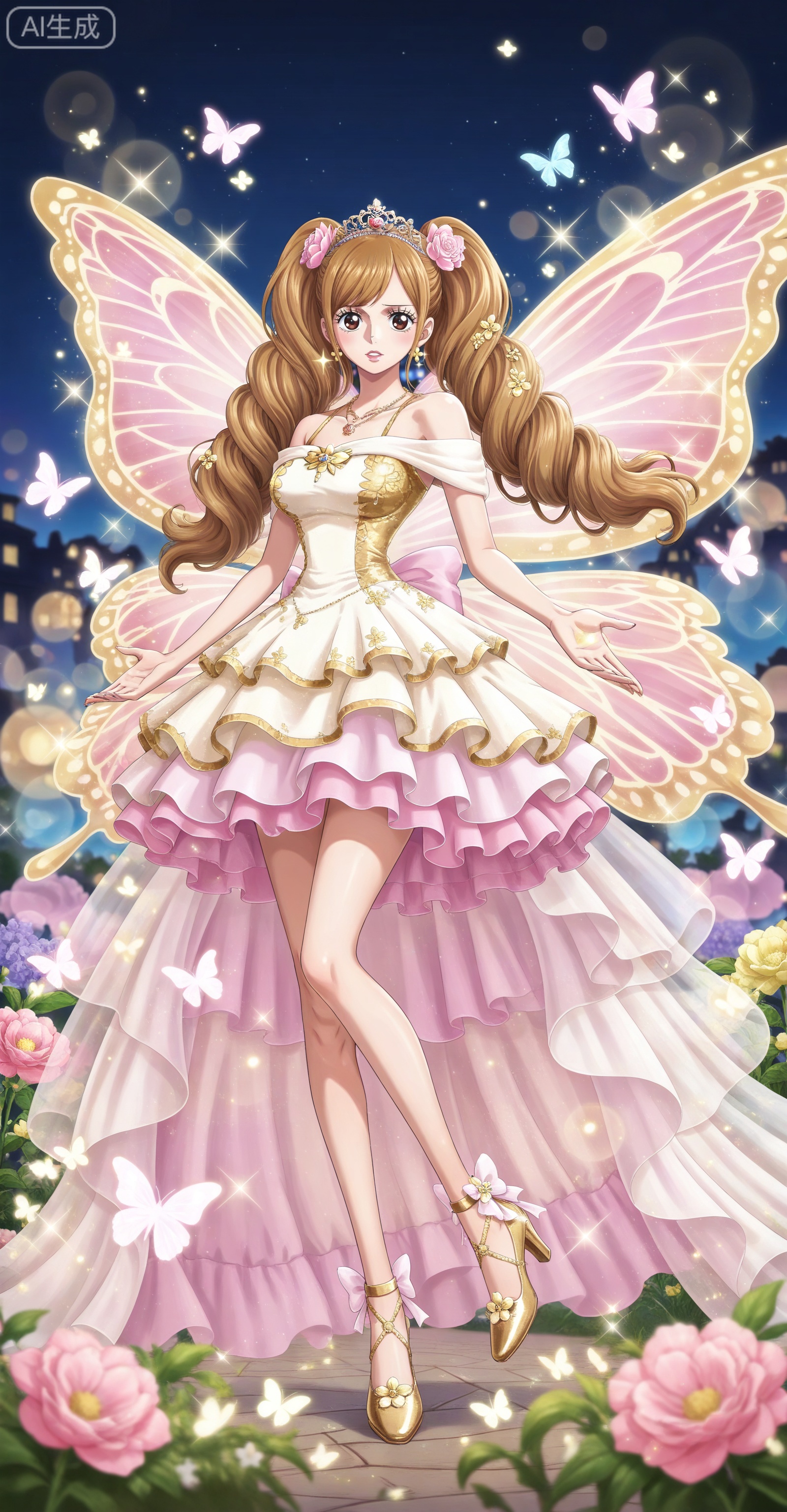 ,depth of field,masterpiece,best quality,very aesthetic,alternate costume,alternate costume,2024,2023,perfect composition,ultra-detailed,extreme aesthetic,masterpiece,best quality,good quality,newest,year 2024,year 2023,very aesthetic,absurdres,looking_at_viewer,colorful,:d,
Charlotte Pudding one piece,Charlotte Pudding\(one piece\),long hair,brown eyes,brown hair,hair ornament,twintails,eyelashes,drill hair,
lvjing,1girl,dress,hair ornament,butterfly,jewelry,bug,solo,wings,insect wings,earrings,flower,tiara,necklace,night,butterfly wings,sparkle,outstretched hand,bare shoulders,30,legs,long legs,high_heels,white dress,gold dress,pink dress,
