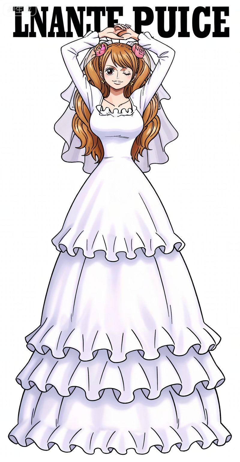 ,depth of field,masterpiece,best quality,very aesthetic,alternate costume,alternate costume,2024,2023,perfect composition,ultra-detailed,extreme aesthetic,masterpiece,best quality,good quality,newest,year 2024,year 2023,very aesthetic,absurdres,looking_at_viewer,colorful,:d,
Charlotte Pudding one piece,Charlotte Pudding\(one piece\),long hair,brown eyes,brown hair,hair ornament,twintails,eyelashes,drill hair,
Charlotte Pudding one piece, Charlotte Pudding\(one piece\), 1girl, solo, dress, one eye closed, long hair, veil, arms up, wedding dress, full body, white dress, brown hair, earrings, bridal veil, flower, long dress, frills, jewelry, orange hair, copyright name, character name, nami \(one piece\), smile