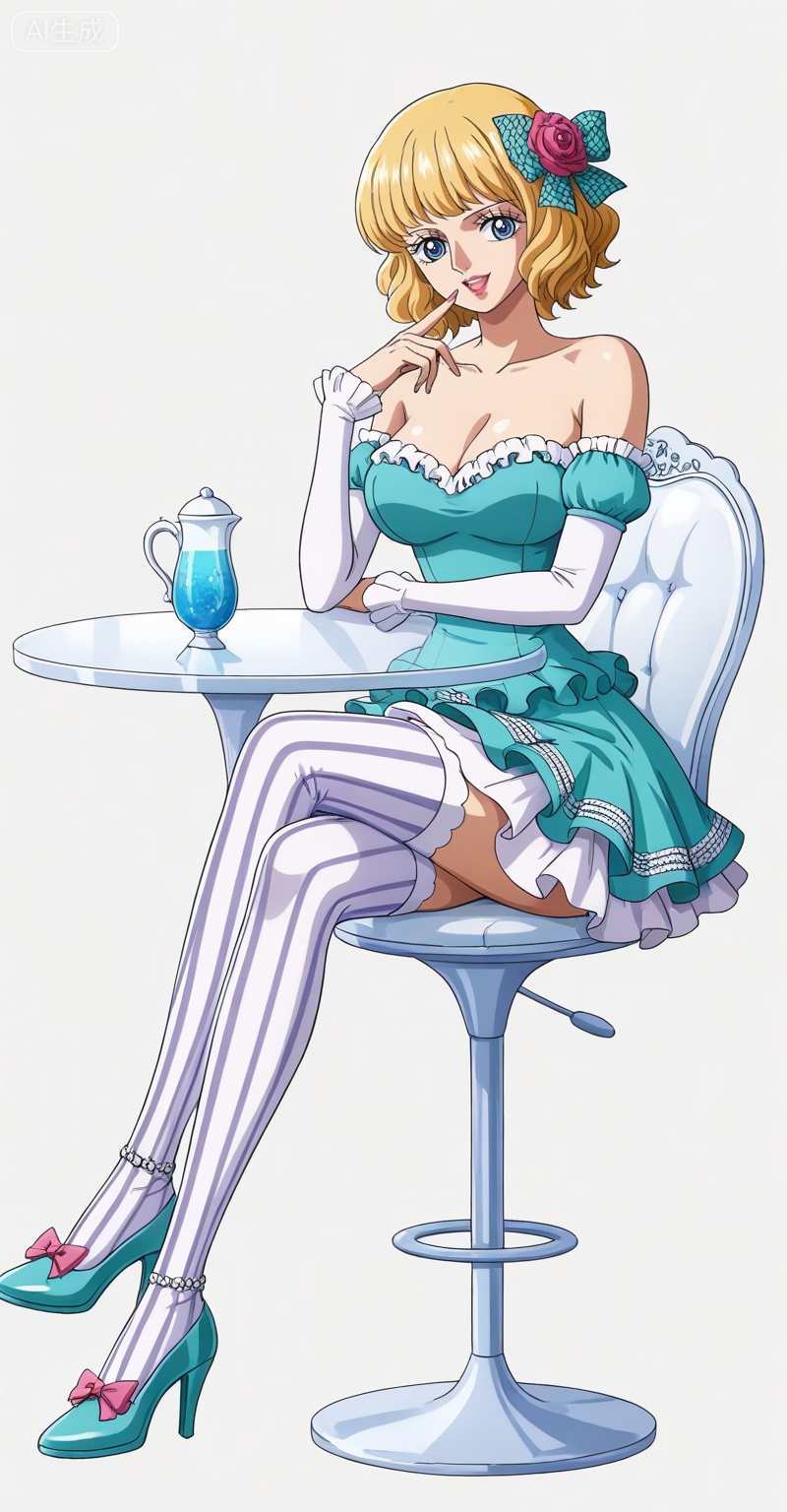 ,Stussy one piece,Stussy\(one piece\),blonde hair,blue eyes,short hair,makeup,large breasts,lipstick,Stussy one piece,Stussy\(one piece\),1girl,blue eyes,blonde hair,solo,flower,retro artstyle,short hair,looking at viewer,makeup,rose,smile,lipstick,
1girl,solo,thighhighs,vertical-striped clothes,breasts,high heels,cleavage,long hair,striped clothes,bow,detached sleeves,transparent chair,vertical-striped thighhighs,smile,open mouth,aqua footwear,sitting,crossed_legs,looking at viewer,collarbone,full body,hair bow,frills,bare shoulders,large breasts,dress,striped thighhighs,pink bow,strapless,aqua bow,finger to mouth,

depth of field,masterpiece,best quality,very aesthetic,alternate costume,alternate costume,2024,2023,perfect composition,ultra-detailed,extreme aesthetic,masterpiece,best quality,good quality,newest,year 2024,year 2023,very aesthetic,absurdres,looking_at_viewer,colorful,white_background,simple background,