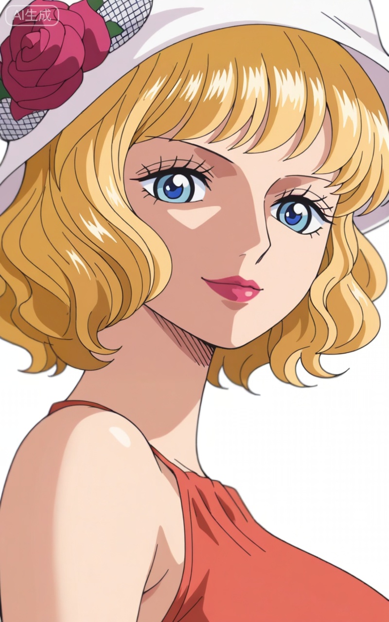 ,Stussy one piece,Stussy\(one piece\),blonde hair,blue eyes,short hair,makeup,large breasts,lipstick,Stussy one piece,Stussy\(one piece\),1girl,blue eyes,blonde hair,solo,hat,flower,retro artstyle,short hair,looking at viewer,hat flower,white headwear,makeup,rose,smile,lipstick,portrait,depth of field,masterpiece,best quality,very aesthetic,alternate costume,alternate costume,2024,2023,perfect composition,ultra-detailed,extreme aesthetic,masterpiece,best quality,good quality,newest,year 2024,year 2023,very aesthetic,absurdres,looking_at_viewer,colorful,white_background,simple background,