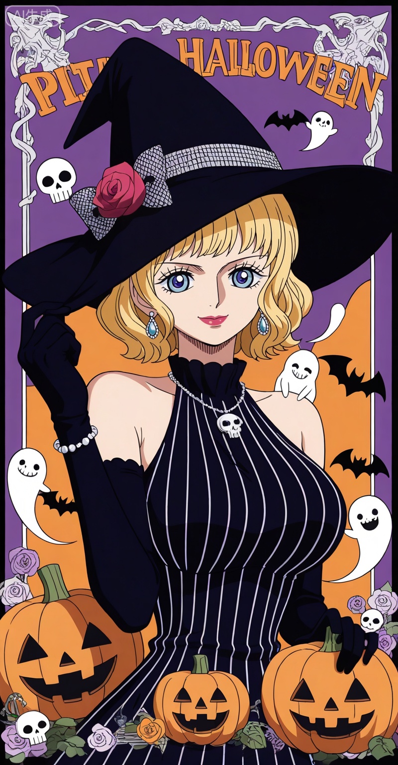 ,Stussy one piece,Stussy\(one piece\),blonde hair,blue eyes,short hair,makeup,large breasts,lipstick,Stussy one piece,Stussy\(one piece\),1girl,blue eyes,blonde hair,solo,flower,retro artstyle,short hair,looking at viewer,makeup,rose,smile,lipstick,
1girl,witch hat,gloves,jewelry,hat,breasts,solo,jack-o'-lantern,dress,halloween,earrings,ghost,black gloves,necklace,looking at viewer,black dress,pumpkin,smile,black headwear,sleeveless,elbow gloves,happy halloween,sleeveless dress,striped dress,bracelet,purple eyes,border,skull,upper body,halloween costume,witch,striped clothes,hand on headwear,large breasts,closed mouth,bare shoulders,

depth of field,masterpiece,best quality,very aesthetic,alternate costume,alternate costume,2024,2023,perfect composition,ultra-detailed,extreme aesthetic,masterpiece,best quality,good quality,newest,year 2024,year 2023,very aesthetic,absurdres,looking_at_viewer,colorful,white_background,simple background,