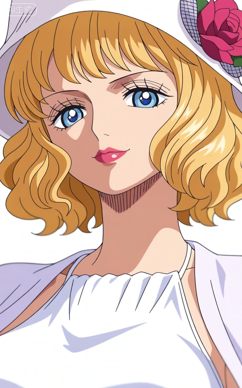 ,Stussy one piece,Stussy\(one piece\),blonde hair,blue eyes,short hair,makeup,large breasts,lipstick,Stussy one piece,Stussy\(one piece\),1girl,blue eyes,blonde hair,solo,hat,flower,retro artstyle,short hair,looking at viewer,hat flower,white headwear,makeup,rose,smile,lipstick,portrait,depth of field,masterpiece,best quality,very aesthetic,alternate costume,alternate costume,2024,2023,perfect composition,ultra-detailed,extreme aesthetic,masterpiece,best quality,good quality,newest,year 2024,year 2023,very aesthetic,absurdres,looking_at_viewer,colorful,white_background,simple background,