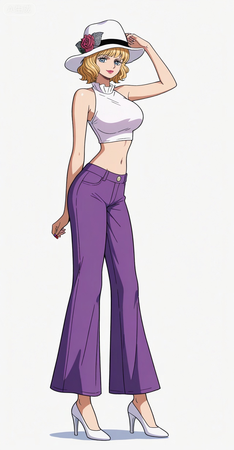 ,Stussy one piece,Stussy\(one piece\),blonde hair,blue eyes,short hair,makeup,large breasts,lipstick,Stussy one piece,Stussy\(one piece\),1girl,blue eyes,blonde hair,solo,flower,retro artstyle,short hair,looking at viewer,makeup,rose,smile,lipstick,
1girl,solo,hat,cowboy hat,midriff,breasts,pants,long hair,purple pants,navel,large breasts,full body,crop top,high heels,

depth of field,masterpiece,best quality,very aesthetic,alternate costume,alternate costume,2024,2023,perfect composition,ultra-detailed,extreme aesthetic,masterpiece,best quality,good quality,newest,year 2024,year 2023,very aesthetic,absurdres,looking_at_viewer,colorful,white_background,simple background,