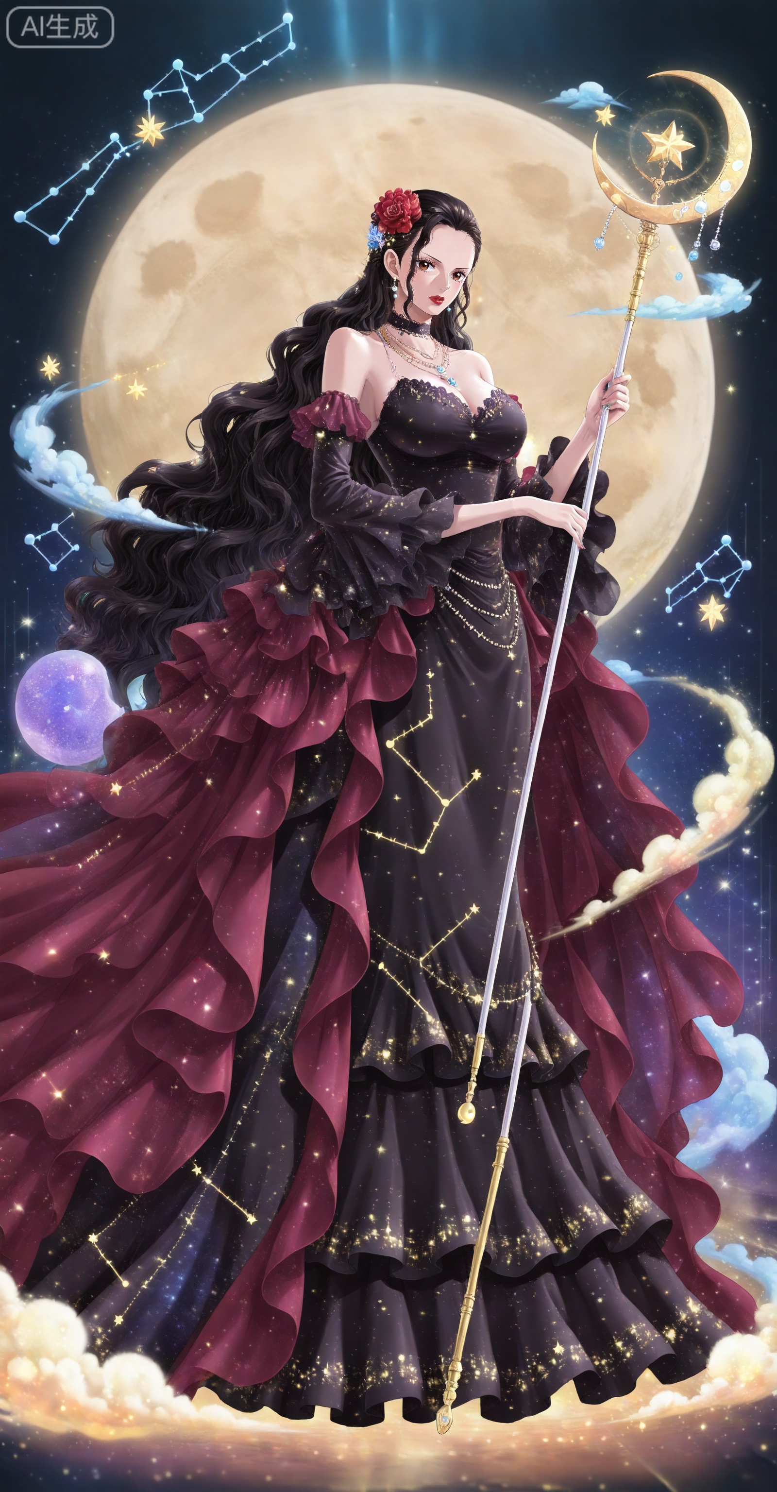 depth of field,masterpiece,best quality,very aesthetic,alternate costume,alternate costume,2024,2023,perfect composition,ultra-detailed,extreme aesthetic,masterpiece,best quality,good quality,newest,year 2024,year 2023,very aesthetic,absurdres,looking_at_viewer,colorful,
Viola one piece,Viola\(one piece\),long hair,jewelry,black hair,hair ornament,necklace,hair flower,earrings,brown eyes,large breasts,
lvjing, dress, long hair, staff, holding, 1girl,solo, black hair, constellation, blonde hair, jewelry, holding staff, crescent, earrings, black dress, full body, closed eyes, long dress, wavy hair, hair ornament, zodiac, red lips, star \(symbol\), standing, very long hair, breasts, choker, instrument, cleavage, detached sleeves, bare shoulders