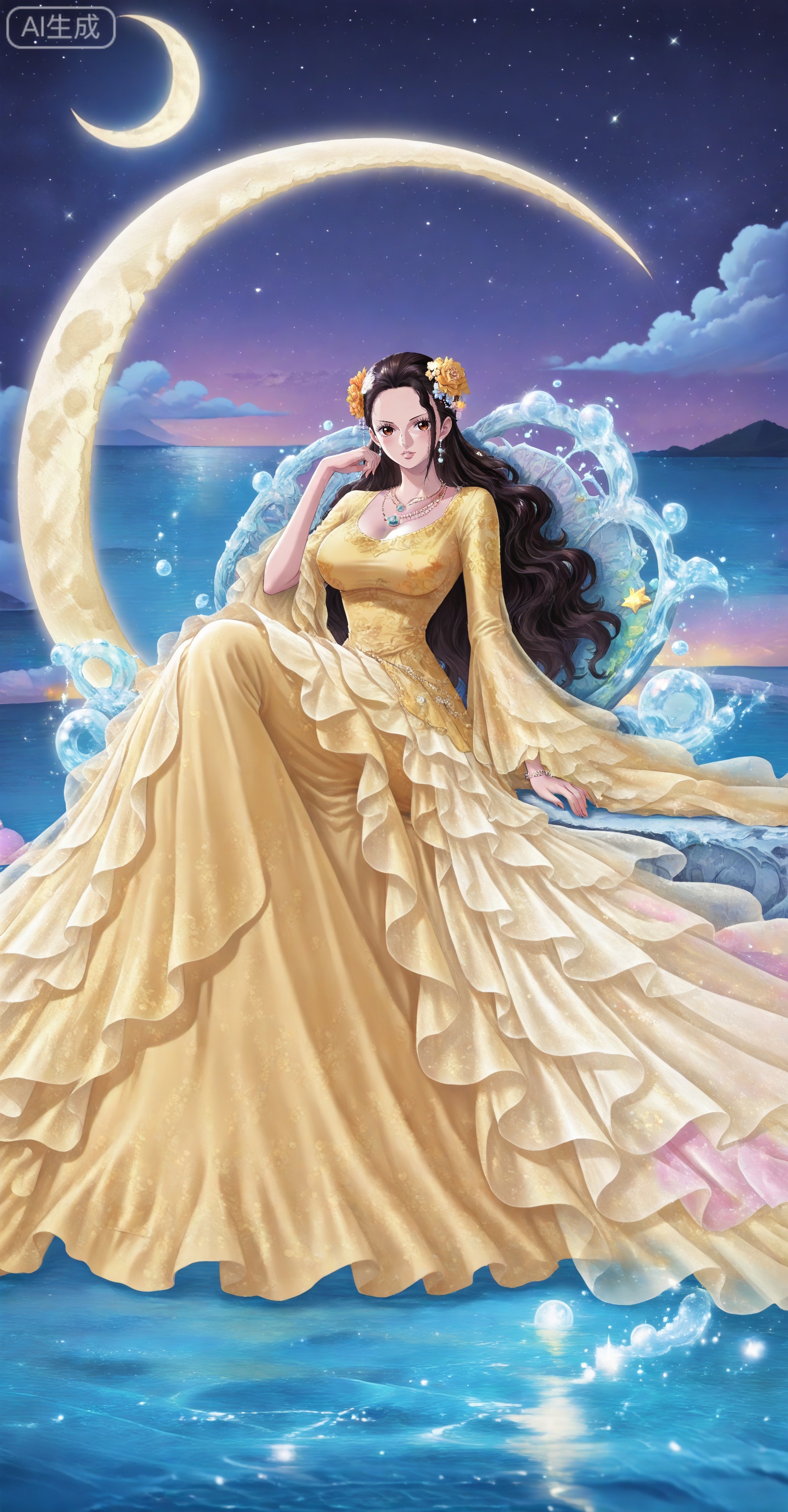 depth of field,masterpiece,best quality,very aesthetic,alternate costume,alternate costume,2024,2023,perfect composition,ultra-detailed,extreme aesthetic,masterpiece,best quality,good quality,newest,year 2024,year 2023,very aesthetic,absurdres,looking_at_viewer,colorful,
Viola one piece,Viola\(one piece\),long hair,jewelry,black hair,hair ornament,necklace,hair flower,earrings,brown eyes,large breasts,
lvjing, 1girl, long hair, moon, yellow dress, hair ornament, white hair, dress, flower, sitting, crescent moon, sky, night, solo, water, night sky, star \(sky\)