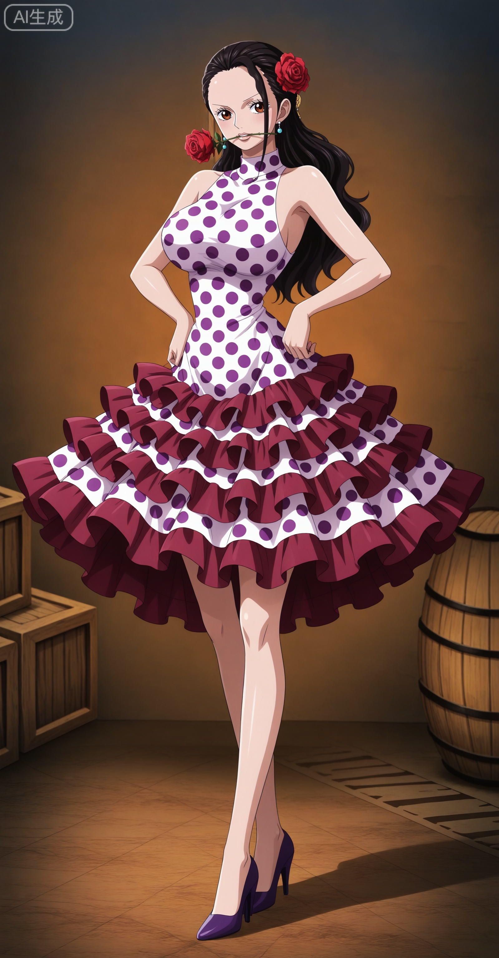 depth of field,masterpiece,best quality,very aesthetic,alternate costume,alternate costume,2024,2023,perfect composition,ultra-detailed,extreme aesthetic,masterpiece,best quality,good quality,newest,year 2024,year 2023,very aesthetic,absurdres,looking_at_viewer,colorful,
Viola one piece, Viola\(one piece\), 1girl, solo, black hair, dress, flower, high heels, hair flower, long hair, hair ornament, breasts, rose, red flower, sleeveless, polka dot dress, frilled dress, barrel, red rose, large breasts, full body, frills, polka dot, hands on own hips, brown eyes, sleeveless dress, looking at viewer, standing, earrings, flower in mouth