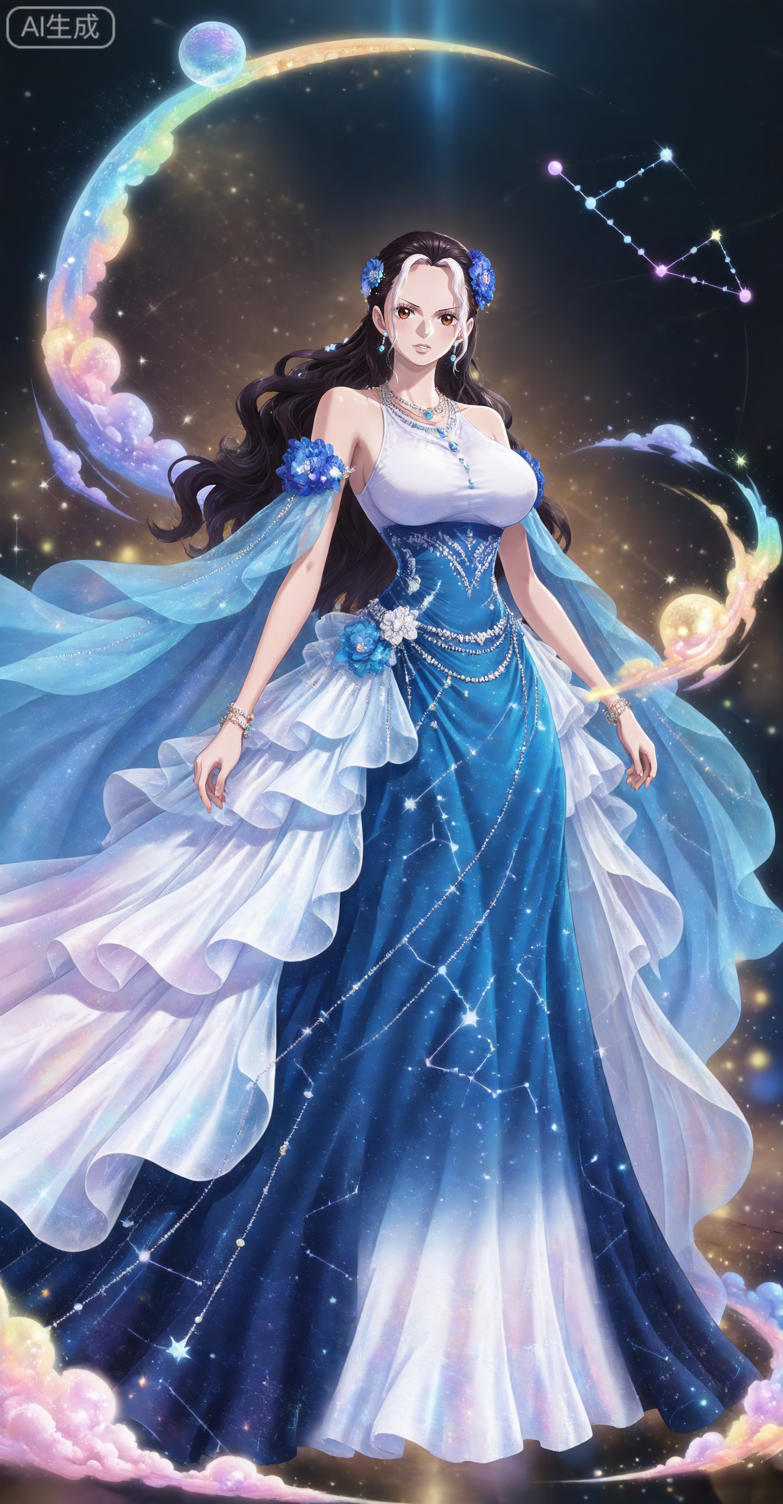 depth of field,masterpiece,best quality,very aesthetic,alternate costume,alternate costume,2024,2023,perfect composition,ultra-detailed,extreme aesthetic,masterpiece,best quality,good quality,newest,year 2024,year 2023,very aesthetic,absurdres,looking_at_viewer,colorful,
Viola one piece,Viola\(one piece\),long hair,jewelry,black hair,hair ornament,necklace,hair flower,earrings,brown eyes,large breasts,
lvjing, 1girl, dress, long hair, white hair, hair ornament, solo, white dress, blue dress, full body, constellation, bare shoulders