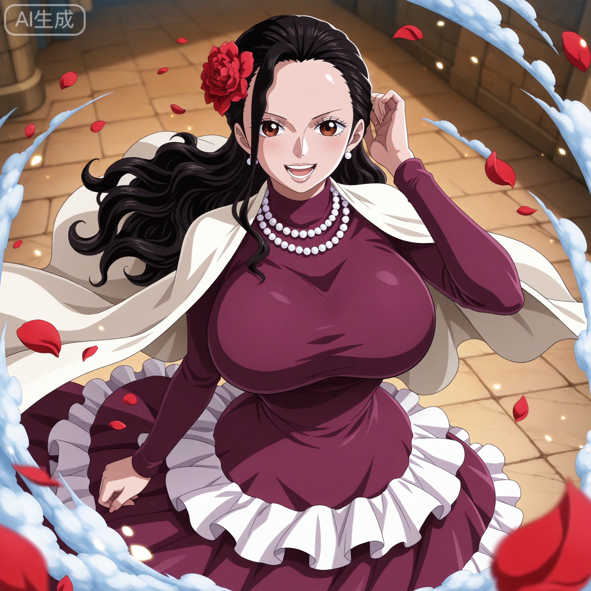 ,Viola one piece,Viola\(one piece\),1girl,solo,dress,flower,long hair,jewelry,black hair,breasts,hair ornament,necklace,hair flower,earrings,brown eyes,petals,large breasts,pearl necklace,looking at viewer,open mouth,smile,huge breasts,depth of field,masterpiece,best quality,very aesthetic,alternate costume,alternate costume,2024,2023,perfect composition,ultra-detailed,extreme aesthetic,masterpiece,best quality,good quality,newest,year 2024,year 2023,very aesthetic,absurdres,looking_at_viewer,colorful,
