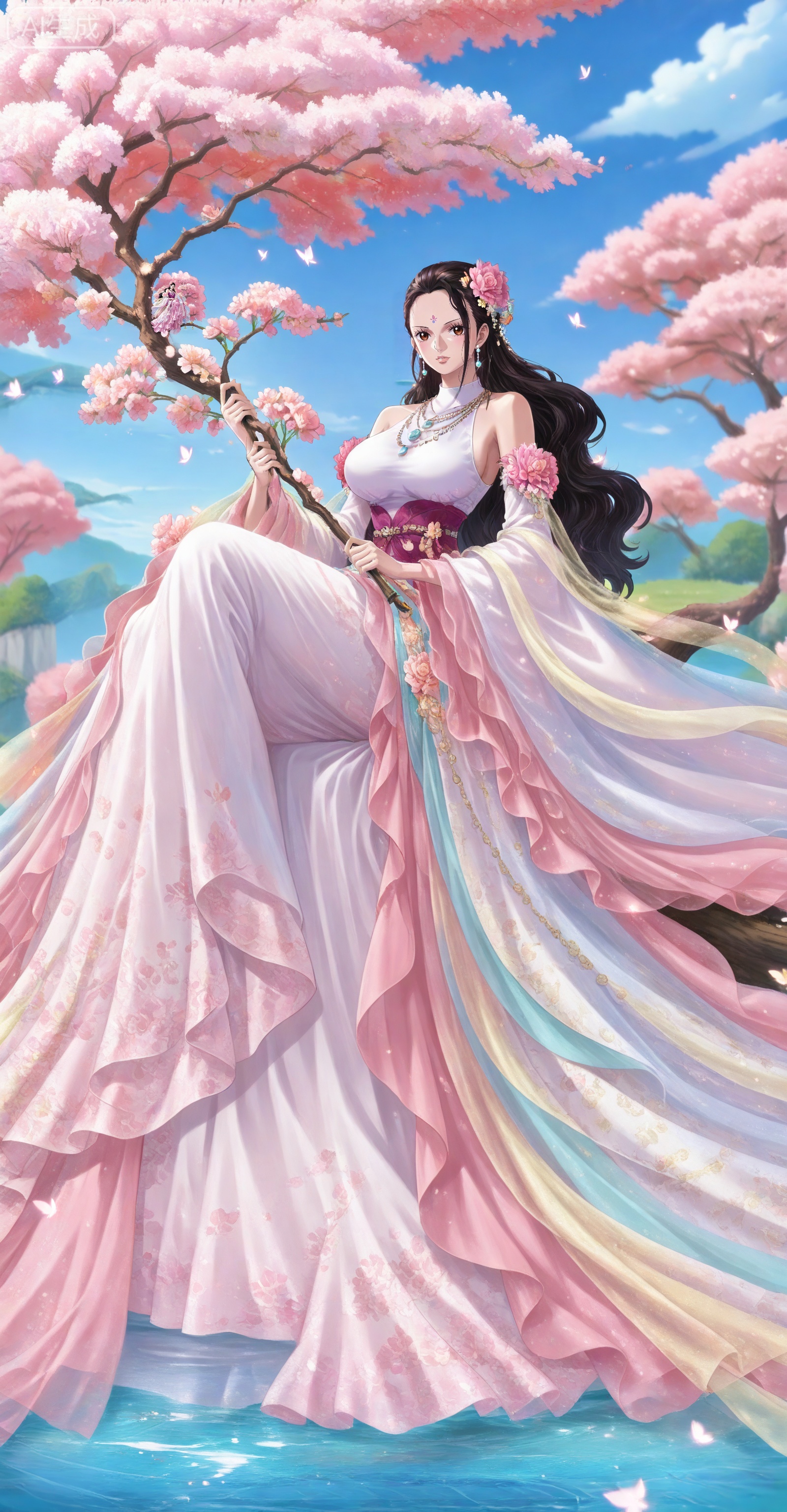 depth of field,masterpiece,best quality,very aesthetic,alternate costume,alternate costume,2024,2023,perfect composition,ultra-detailed,extreme aesthetic,masterpiece,best quality,good quality,newest,year 2024,year 2023,very aesthetic,absurdres,looking_at_viewer,colorful,
Viola one piece,Viola\(one piece\),long hair,jewelry,black hair,hair ornament,necklace,hair flower,earrings,brown eyes,large breasts,
lvjing, 1girl, dress, long hair, flower, hair ornament, branch, white hair, jewelry, water, solo, pink flower, sky, sitting, holding, full body, blue sky, necklace, tree, earrings, forehead mark, cherry blossoms, bare shoulders, facial mark, butterfly