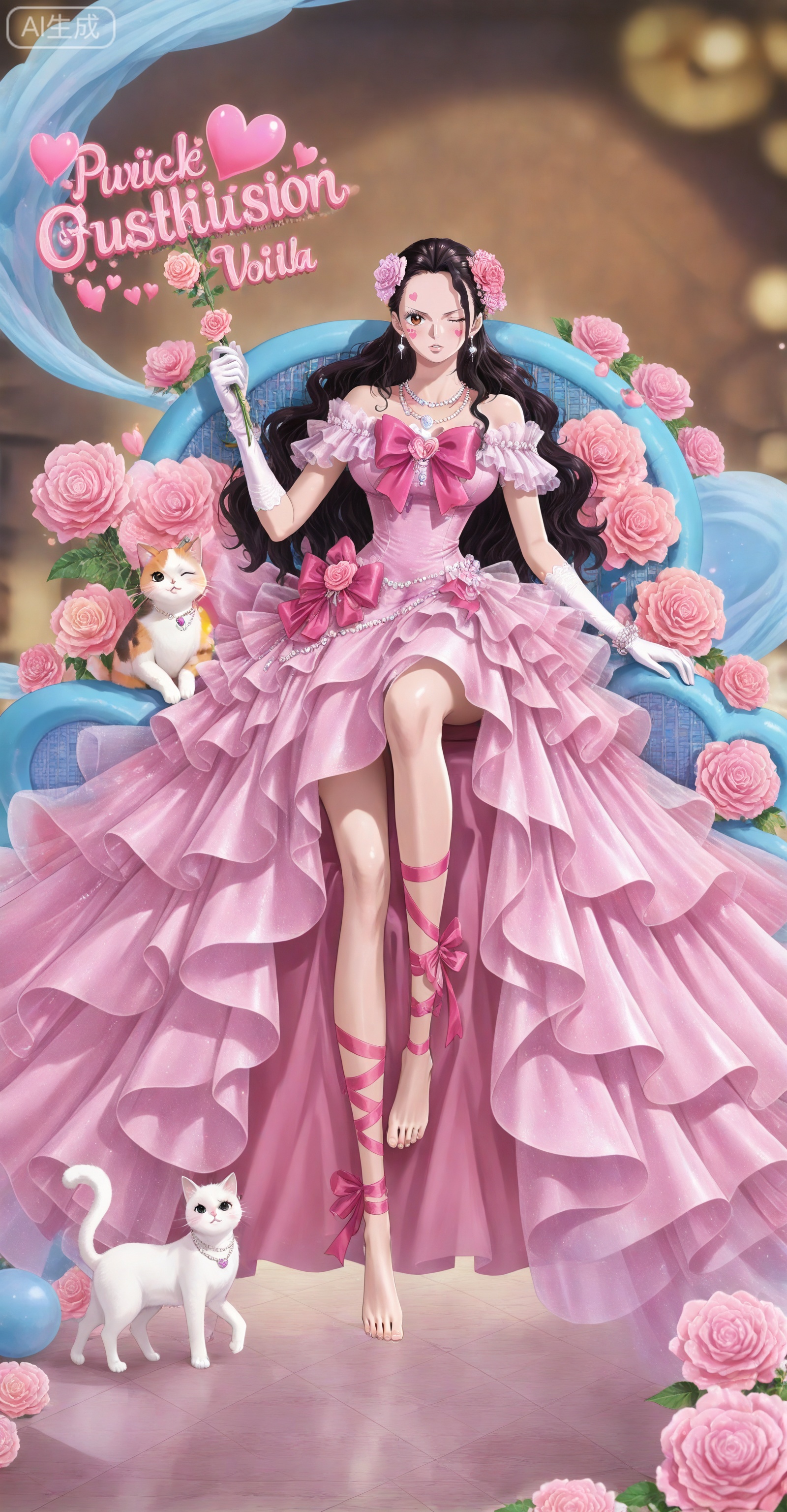 depth of field,masterpiece,best quality,very aesthetic,alternate costume,alternate costume,2024,2023,perfect composition,ultra-detailed,extreme aesthetic,masterpiece,best quality,good quality,newest,year 2024,year 2023,very aesthetic,absurdres,looking_at_viewer,colorful,
Viola one piece,Viola\(one piece\),long hair,jewelry,black hair,hair ornament,necklace,hair flower,earrings,brown eyes,large breasts,
lvjing, 1girl, white hair, barefoot, flower, solo, bow, dress, one eye closed, ribbon, pink bow, full body, pink ribbon, jewelry, gloves, pink flower, hair ornament, pink dress, cat, looking at viewer, heart, leg ribbon, pink rose, frills, rose, watermark, holding, white gloves, earrings, english text, facial mark, bare legs