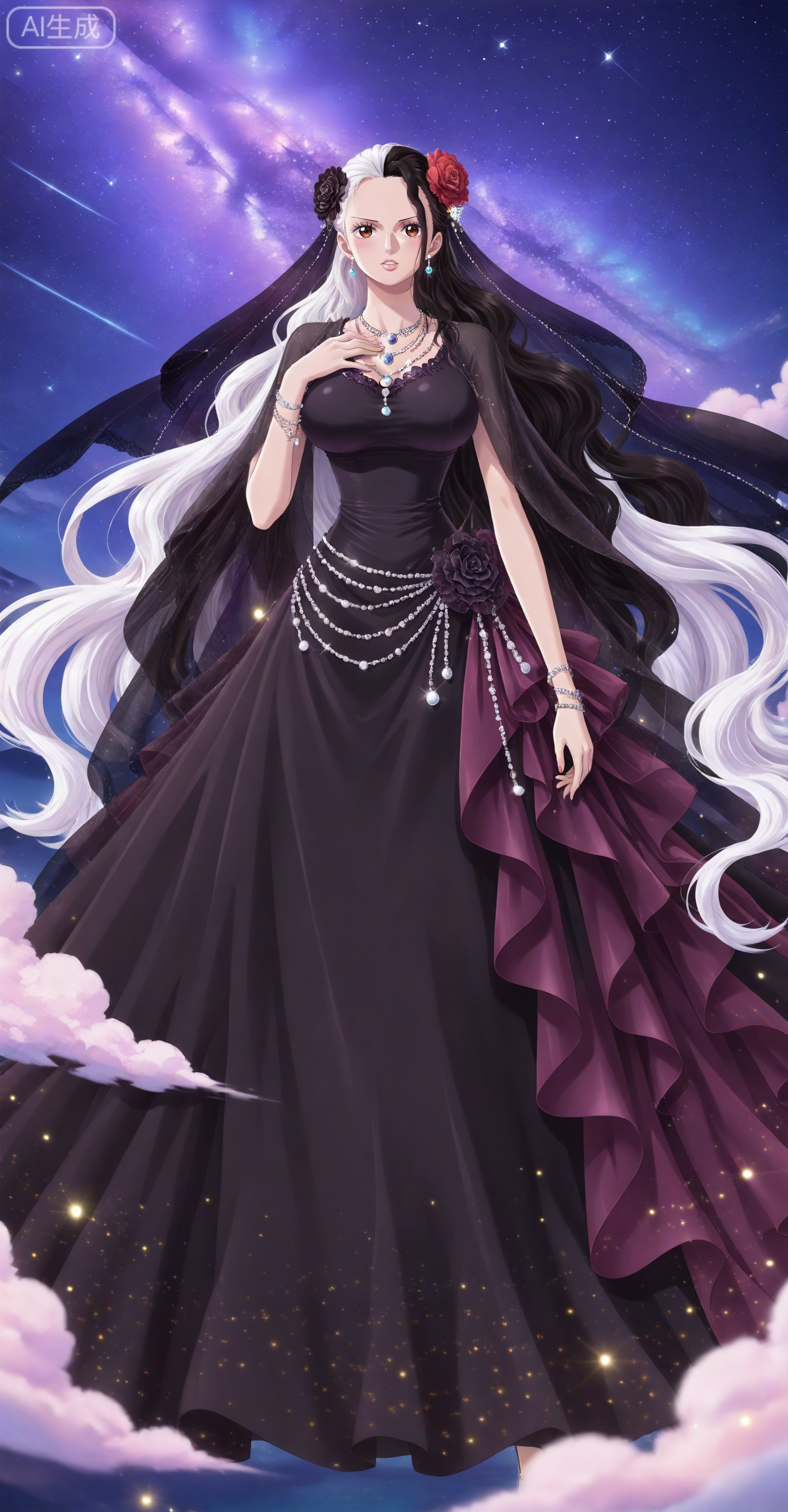 depth of field,masterpiece,best quality,very aesthetic,alternate costume,alternate costume,2024,2023,perfect composition,ultra-detailed,extreme aesthetic,masterpiece,best quality,good quality,newest,year 2024,year 2023,very aesthetic,absurdres,looking_at_viewer,colorful,
Viola one piece,Viola\(one piece\),long hair,jewelry,black hair,hair ornament,necklace,hair flower,earrings,brown eyes,large breasts,
lvjing, 1girl, long hair, solo, dress, white hair, star \(sky\), veil, black dress, sky, jewelry, hair ornament, starry sky, bracelet, night, very long hair, hand on own chest, full body